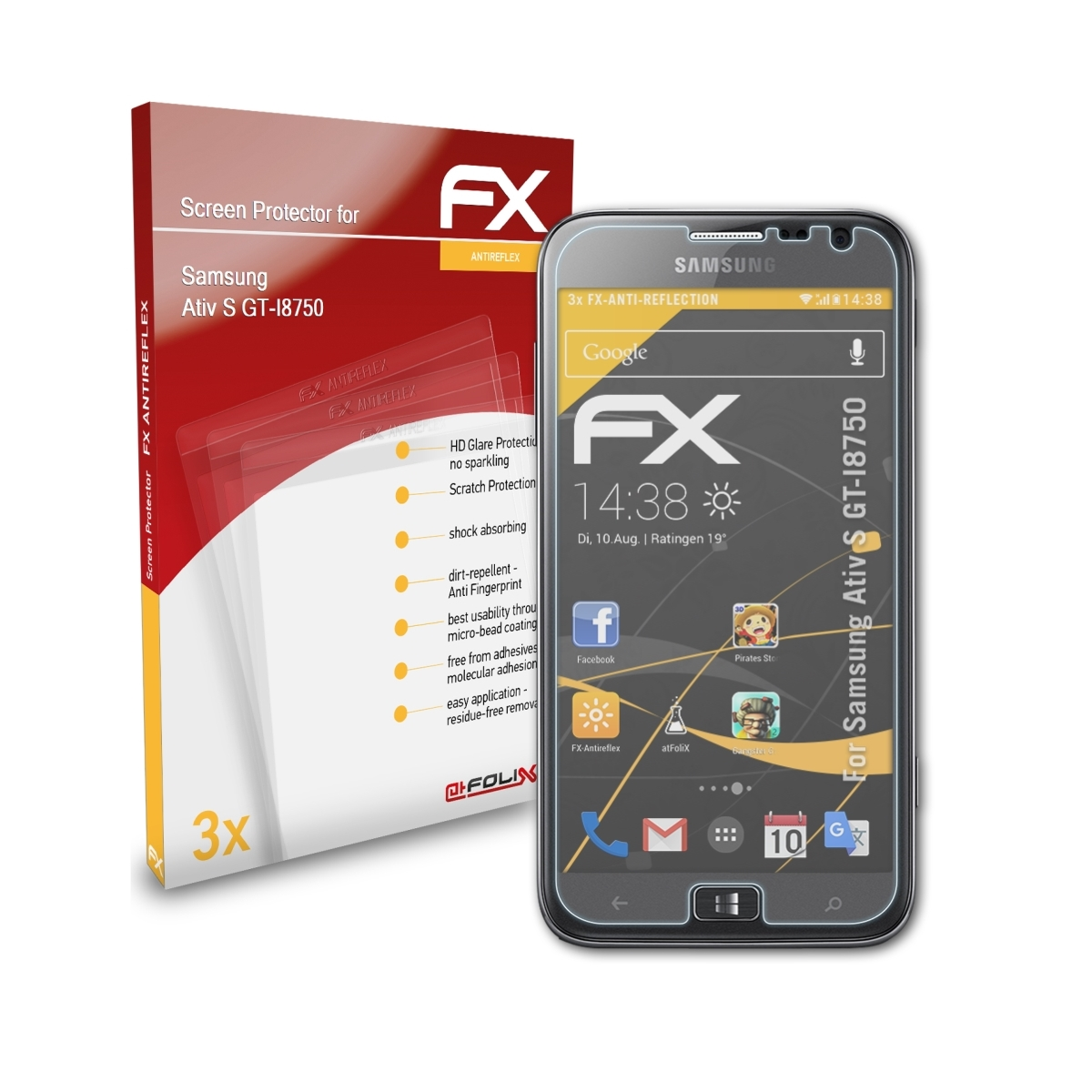 3x Displayschutz(für Samsung FX-Antireflex ATFOLIX (GT-I8750)) S Ativ