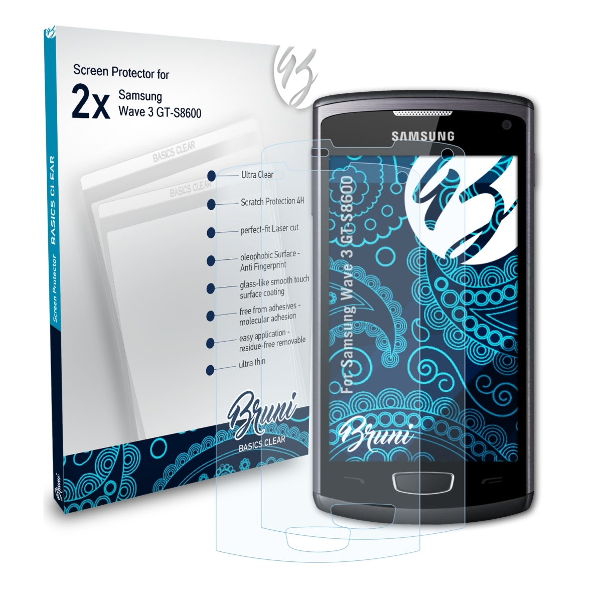 BRUNI 2x Basics-Clear Schutzfolie(für (GT-S8600)) Samsung Wave 3