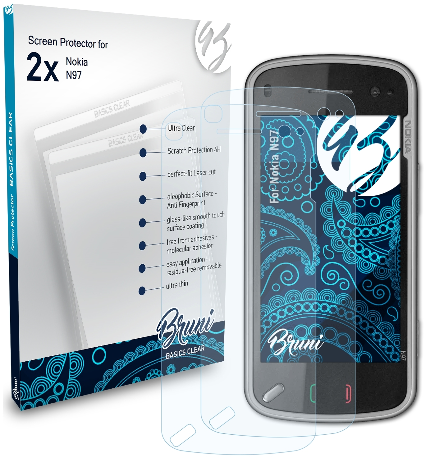 BRUNI 2x Basics-Clear N97) Nokia Schutzfolie(für