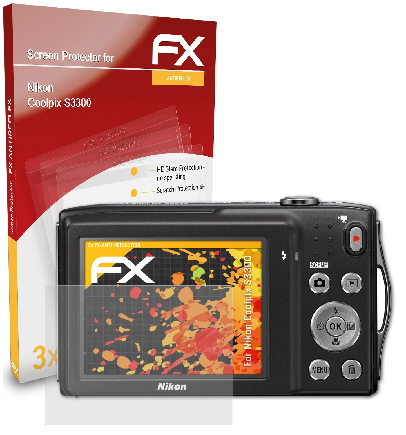 Nikon S3300) ATFOLIX 3x FX-Antireflex Coolpix Displayschutz(für