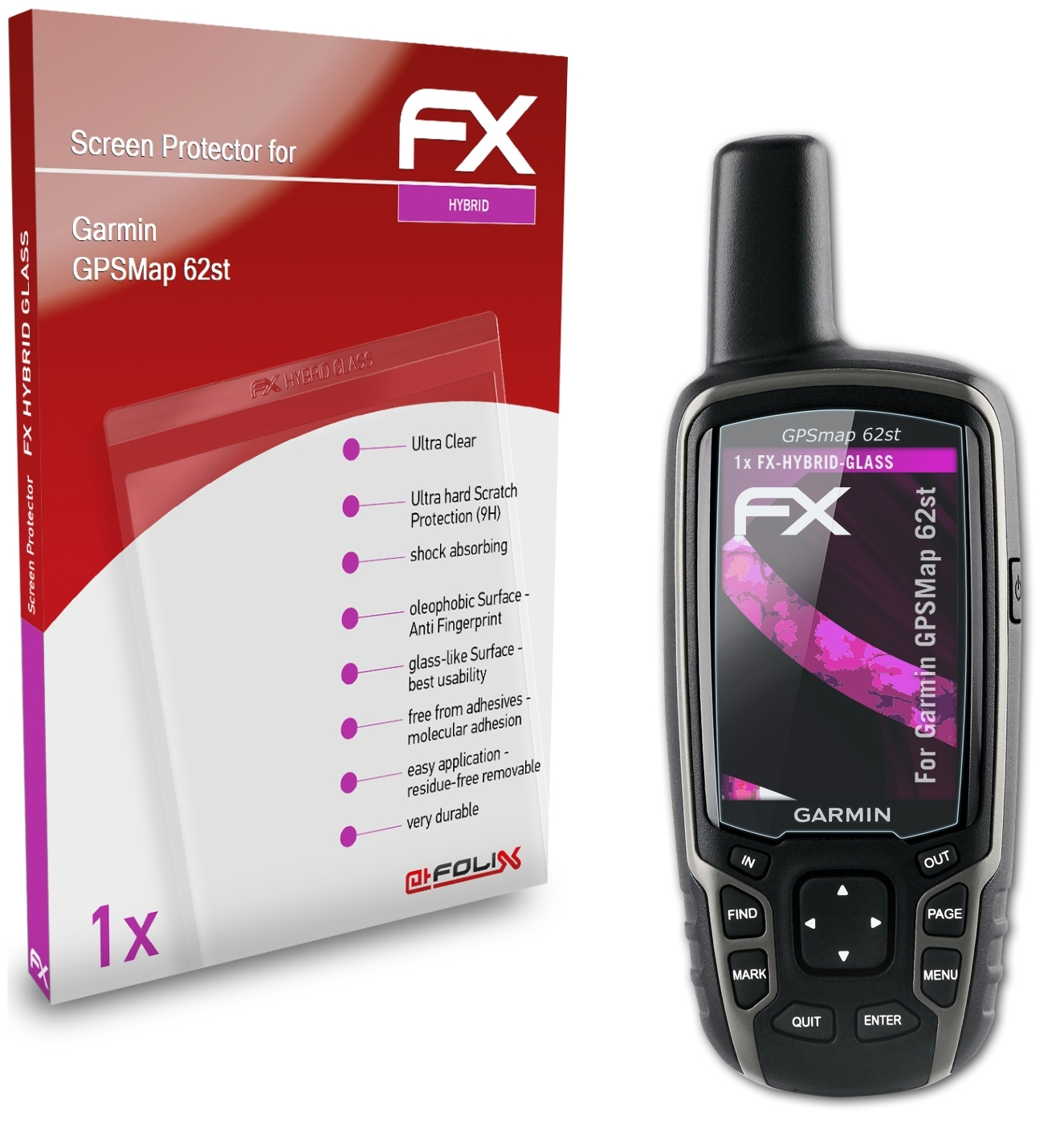ATFOLIX FX-Hybrid-Glass 62st) Schutzglas(für GPSMap Garmin