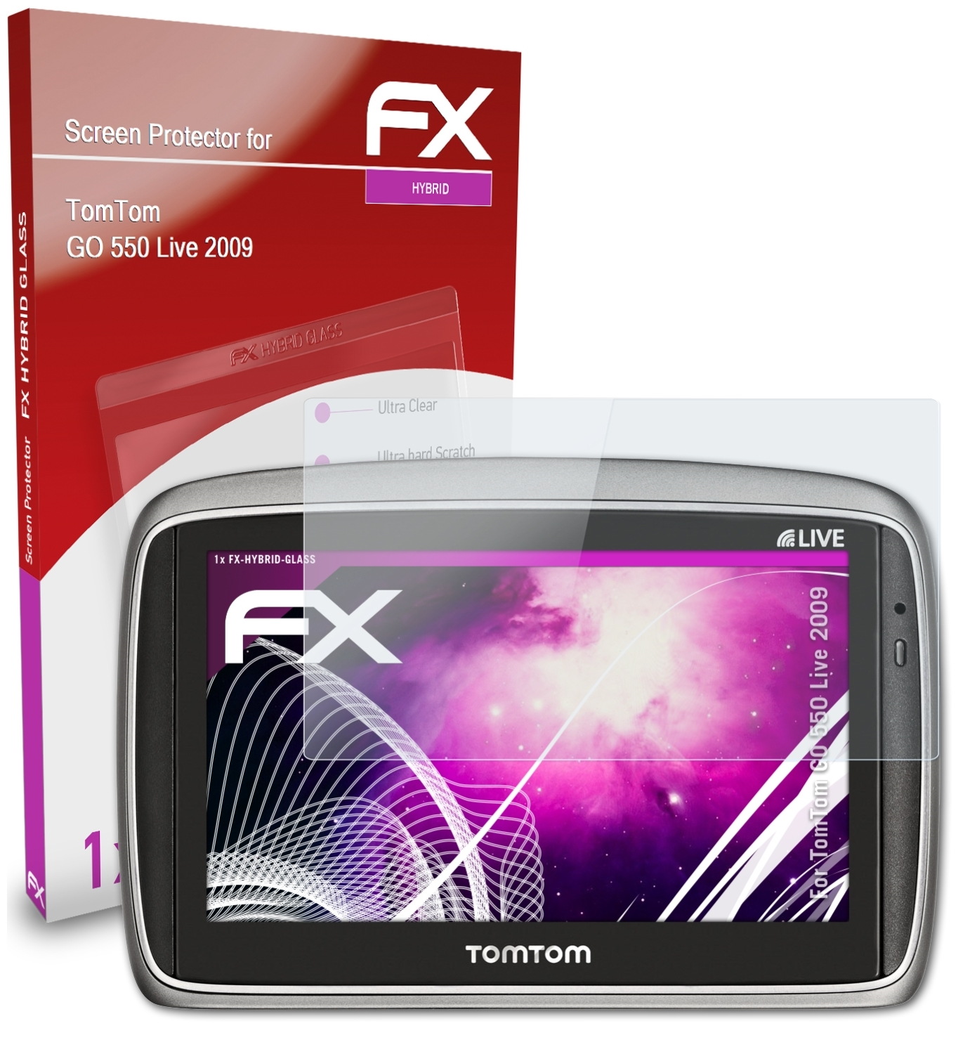 ATFOLIX FX-Hybrid-Glass Schutzglas(für Live 550 GO (2009)) TomTom
