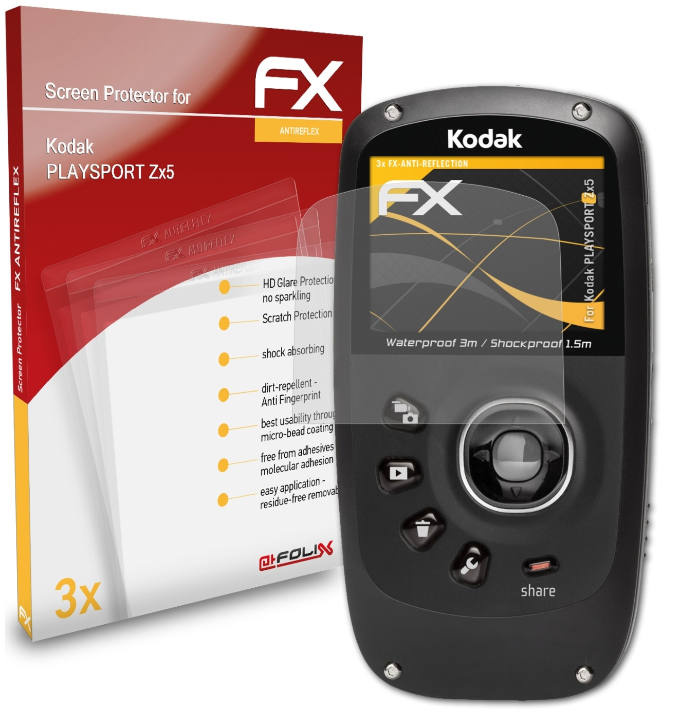 3x FX-Antireflex PLAYSPORT Displayschutz(für ATFOLIX Kodak Zx5)