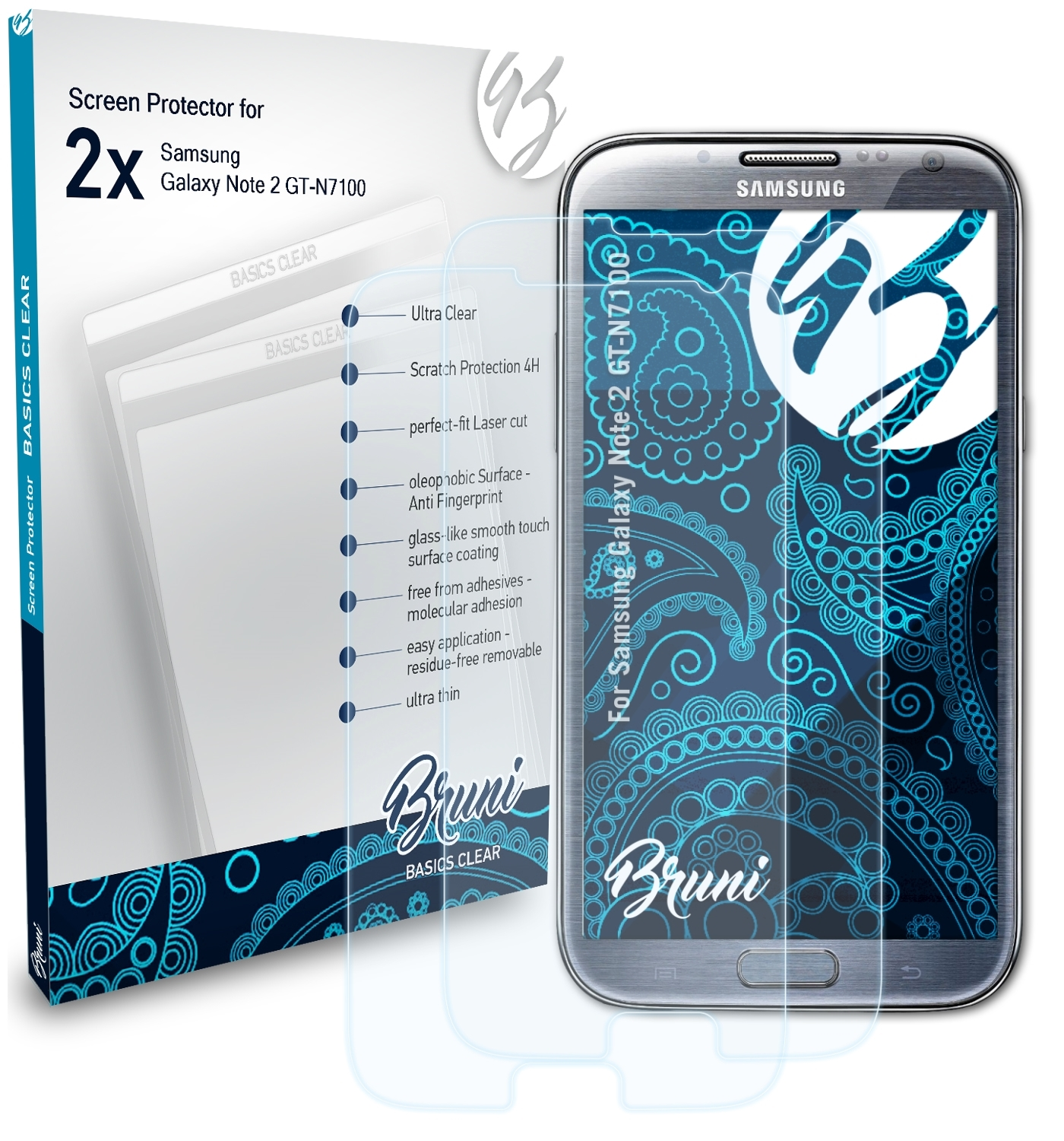 2 Galaxy Samsung 2x Schutzfolie(für Note (GT-N7100)) BRUNI Basics-Clear