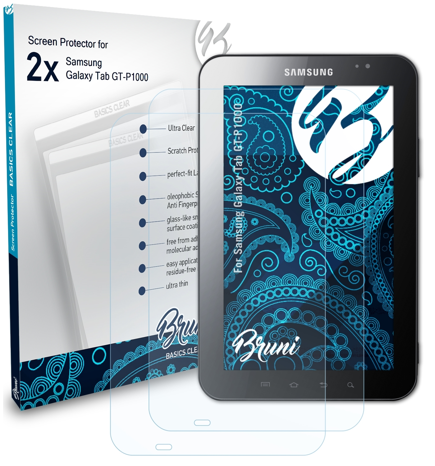 BRUNI 2x Basics-Clear Schutzfolie(für Galaxy Samsung Tab (GT-P1000))