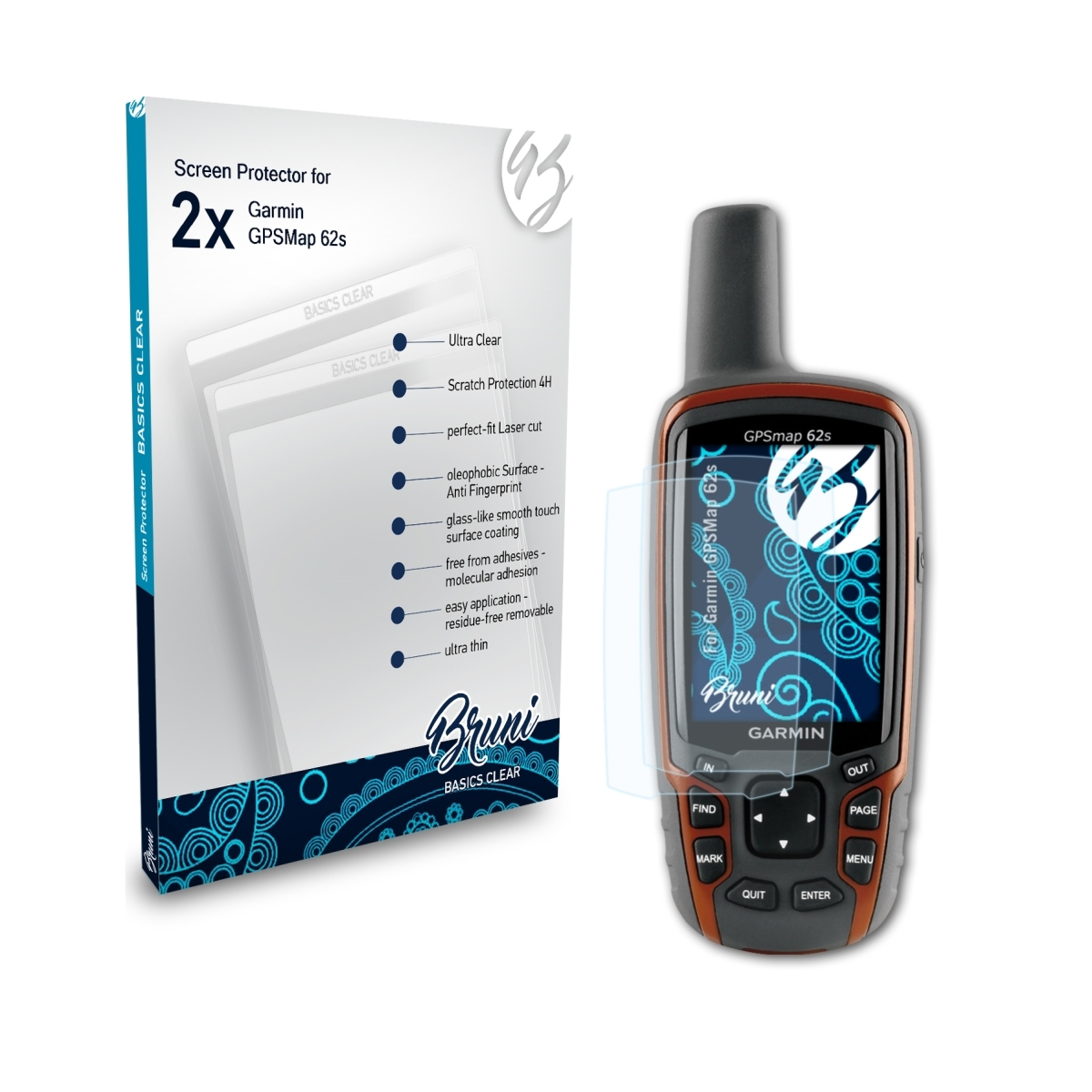 2x GPSMap Basics-Clear BRUNI 62s) Garmin Schutzfolie(für