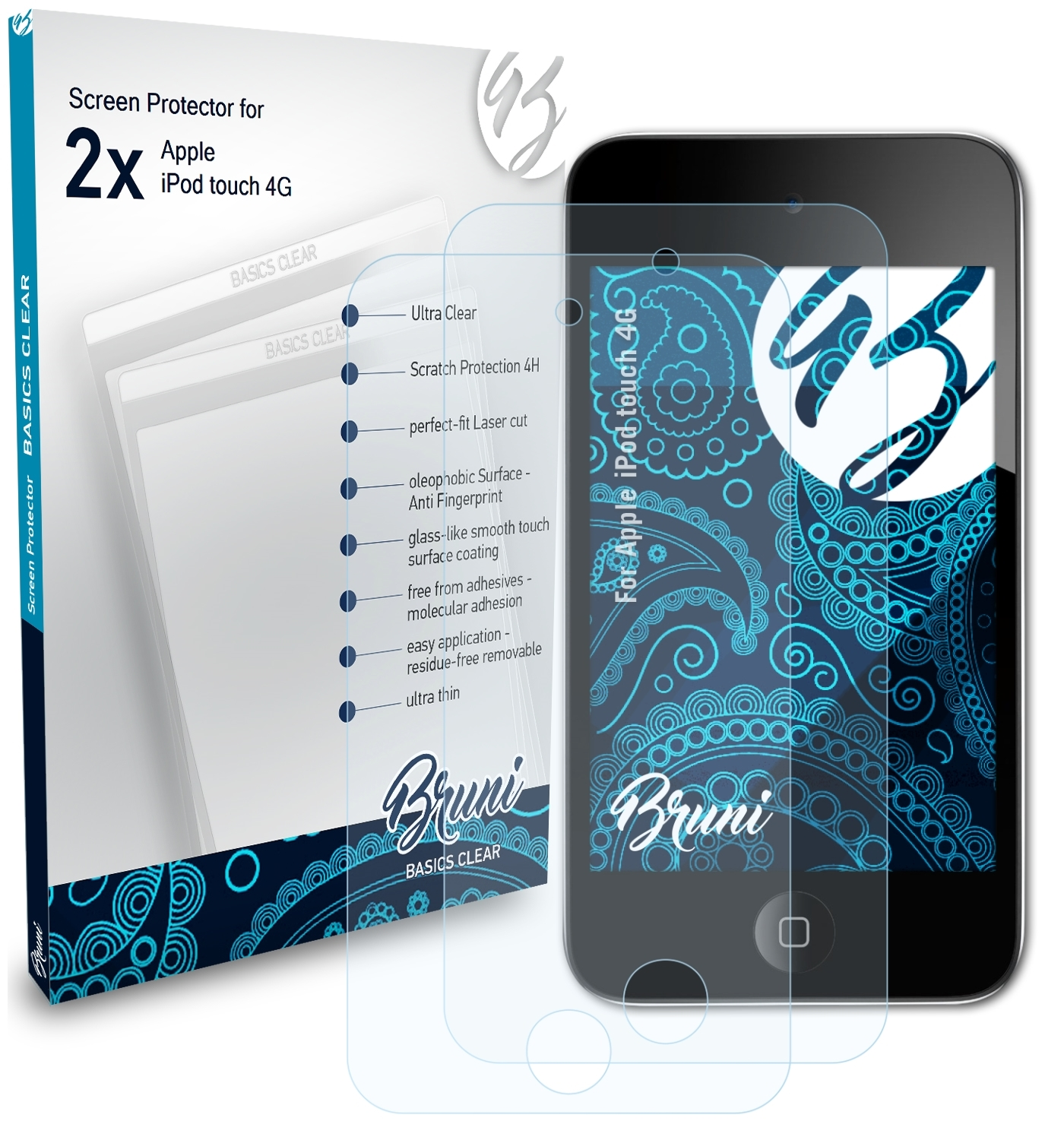 BRUNI 2x iPod touch 4G) Schutzfolie(für Basics-Clear Apple