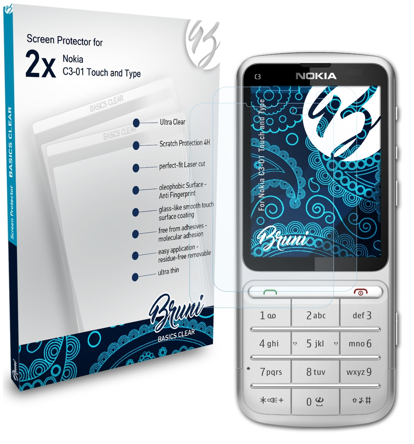BRUNI 2x Nokia Touch Schutzfolie(für and Type) Basics-Clear C3-01