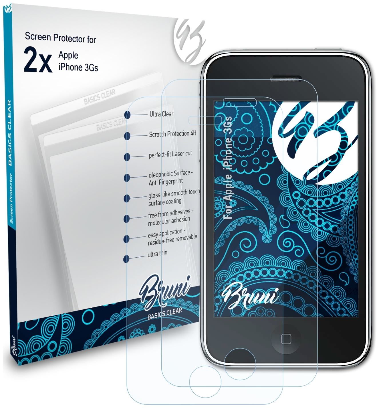 iPhone 3Gs) BRUNI Basics-Clear Apple Schutzfolie(für 2x