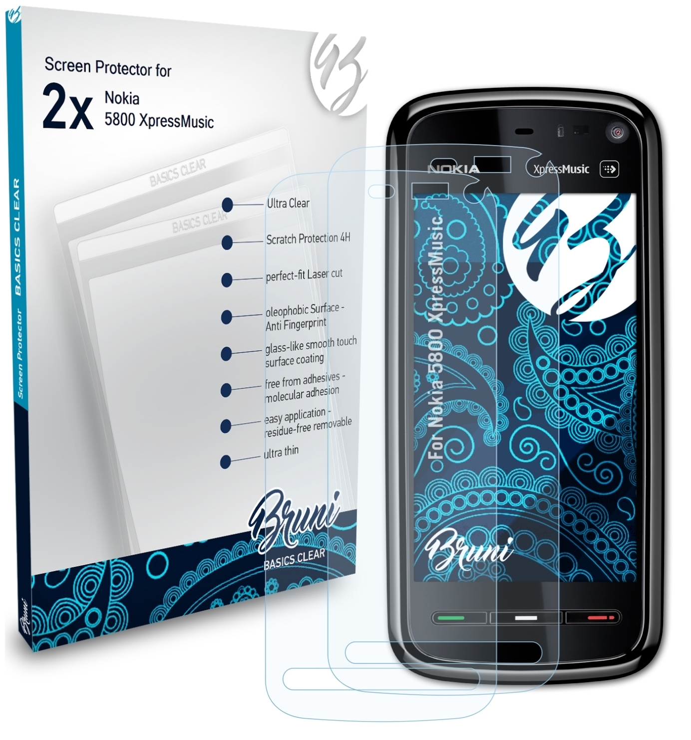 BRUNI 2x Basics-Clear Schutzfolie(für XpressMusic) Nokia 5800