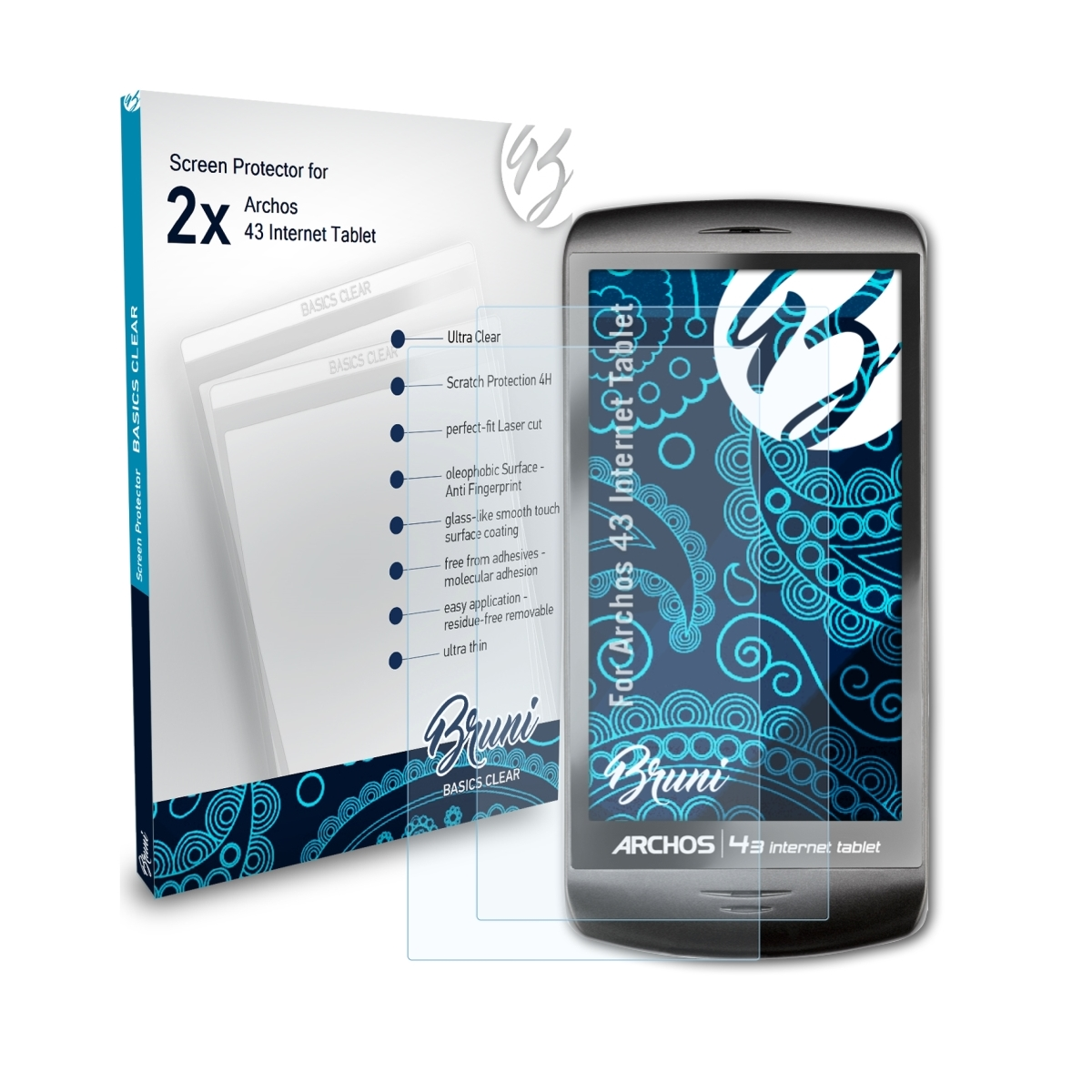 BRUNI 2x Archos Internet 43 Basics-Clear Tablet) Schutzfolie(für