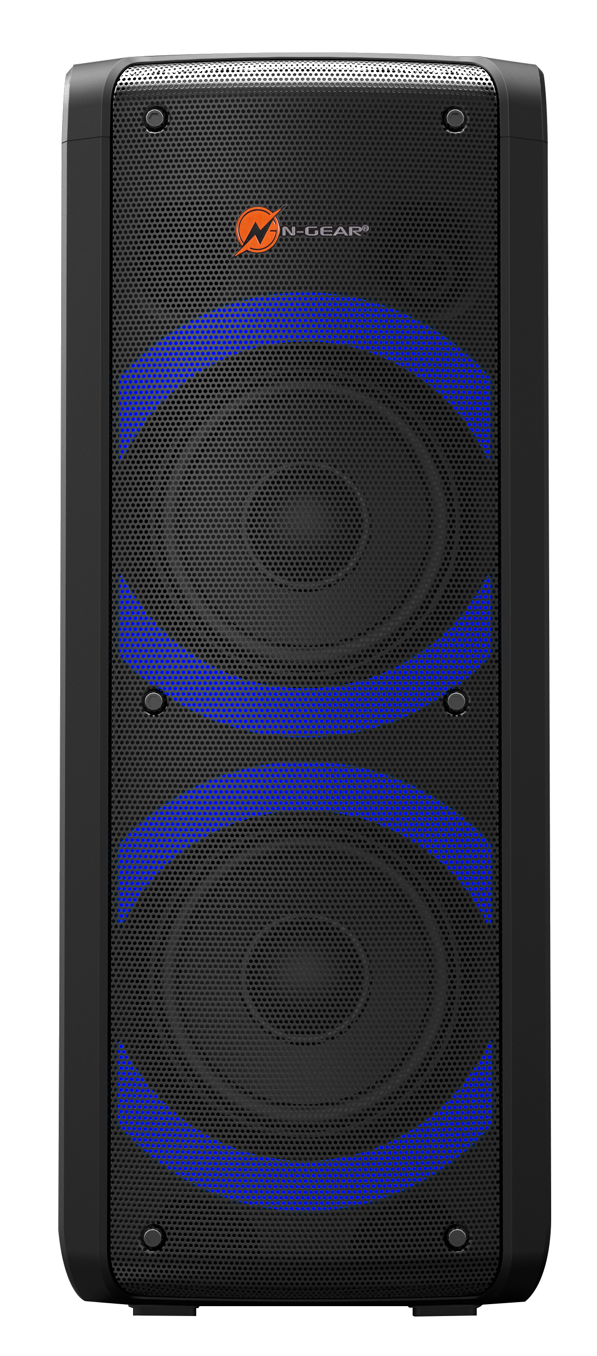 Een lange zwarte speaker met blauwe cirkels. De speaker heeft een mesh voorkant.