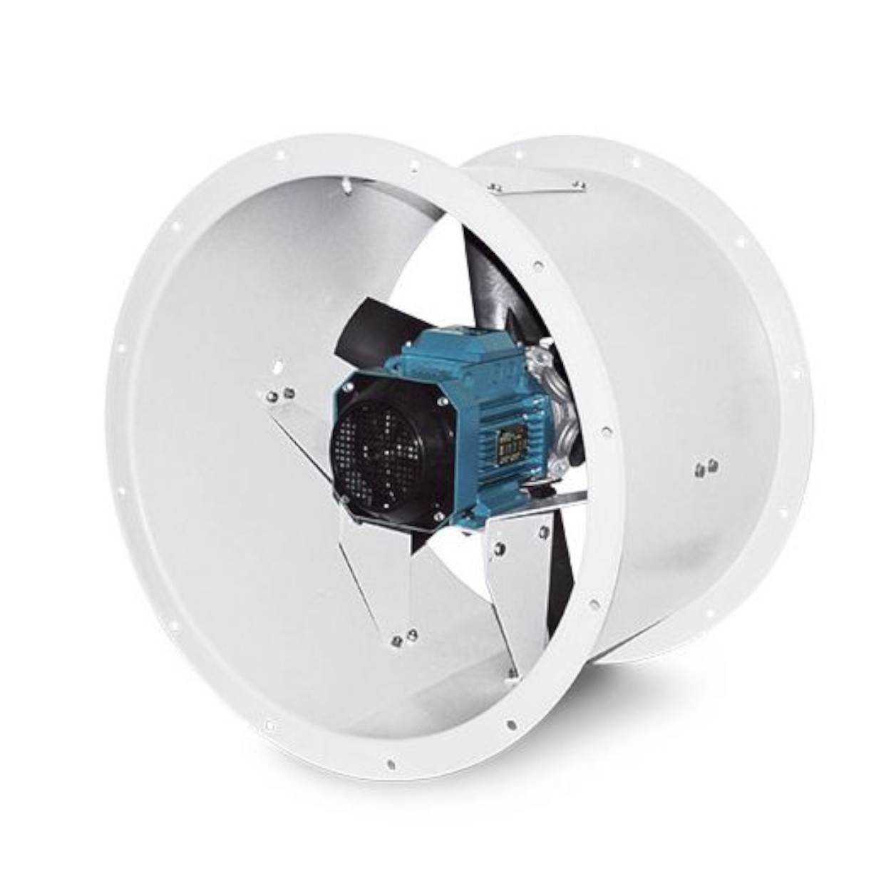 Weißer Ventilator mit blauem Motor. Die Flügel sind schwarz. Der Ventilator ist auf weißem Hintergrund isoliert.