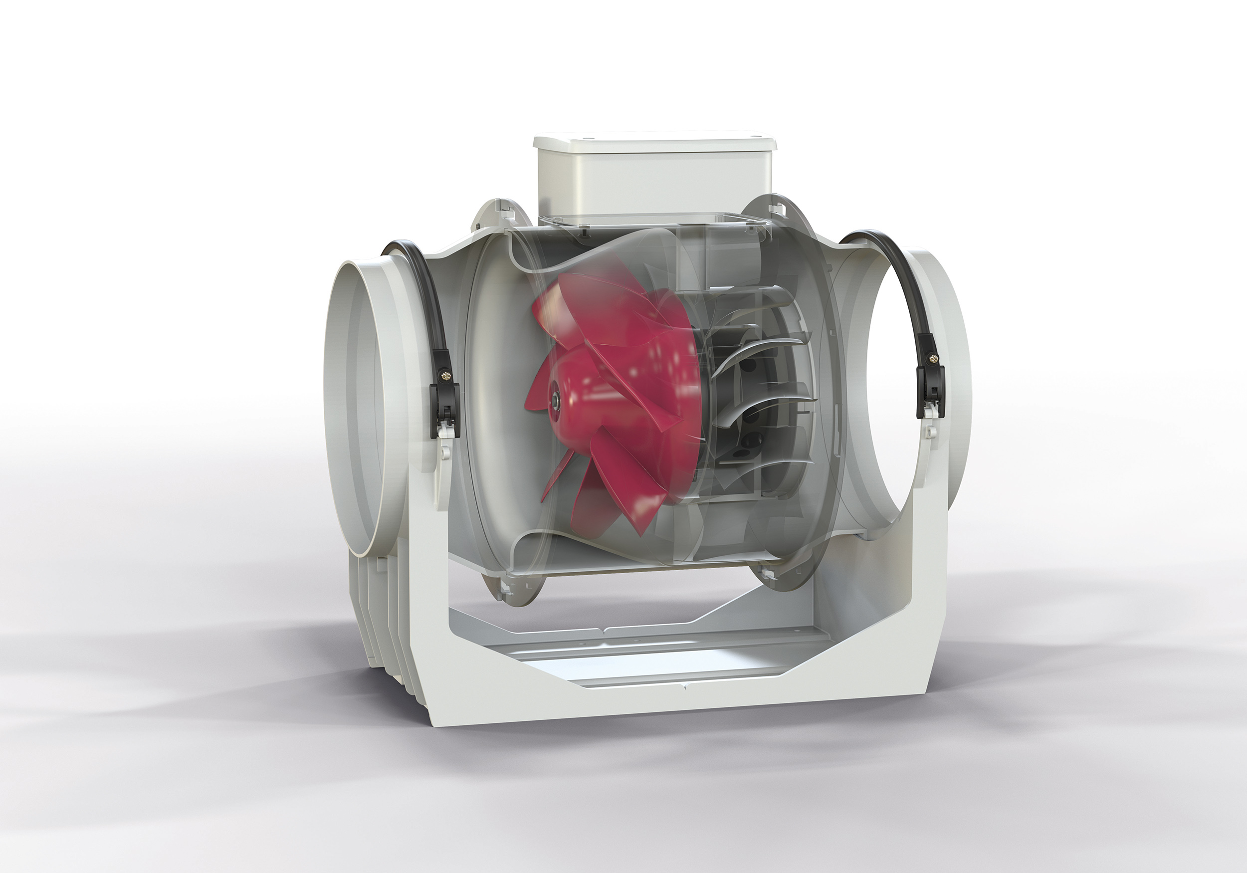 Ein Industrieventilator mit rotem Lüfterrad in einem weißen Gehäuse.