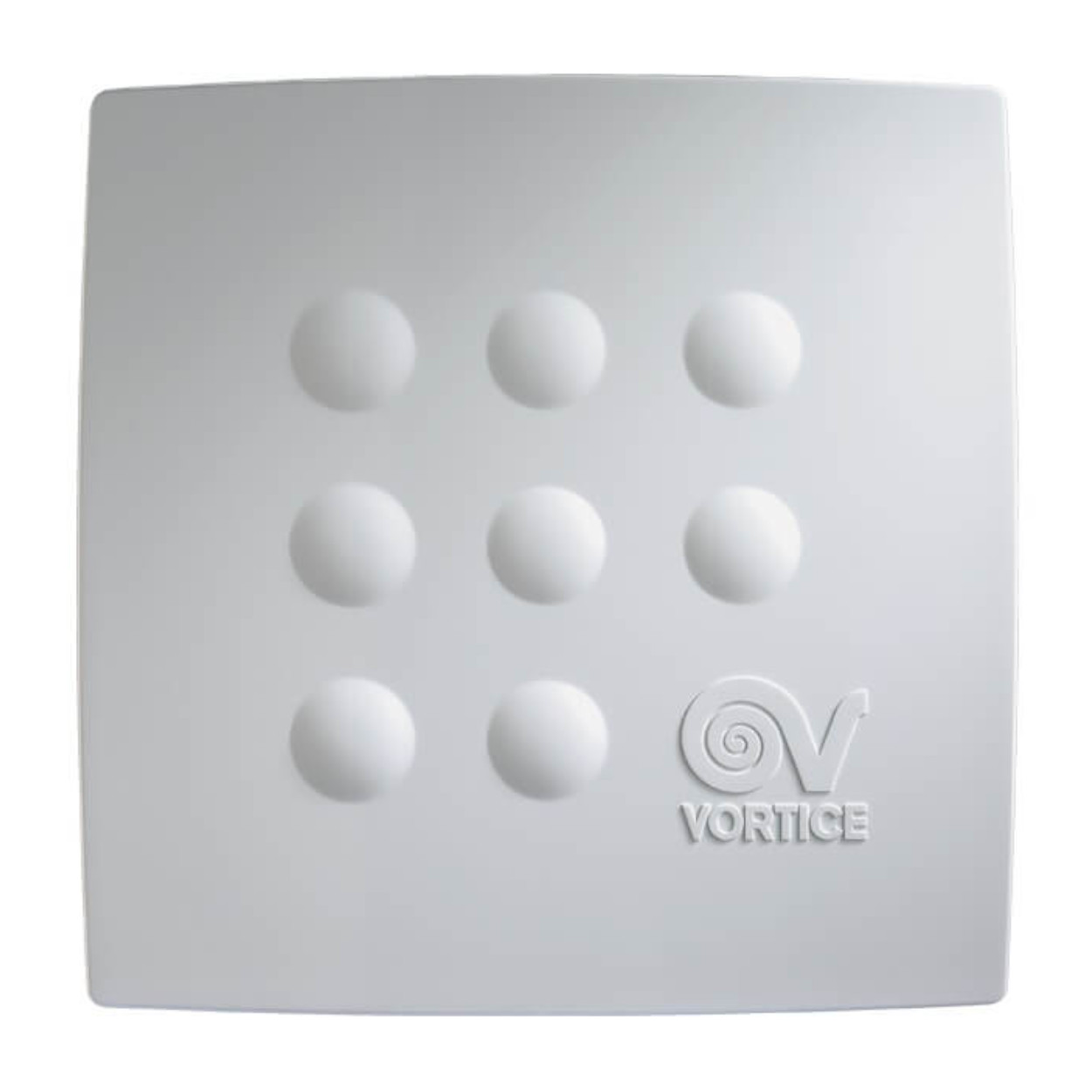 Griglia di ventilazione quadrata bianca con nove fori circolari e logo.