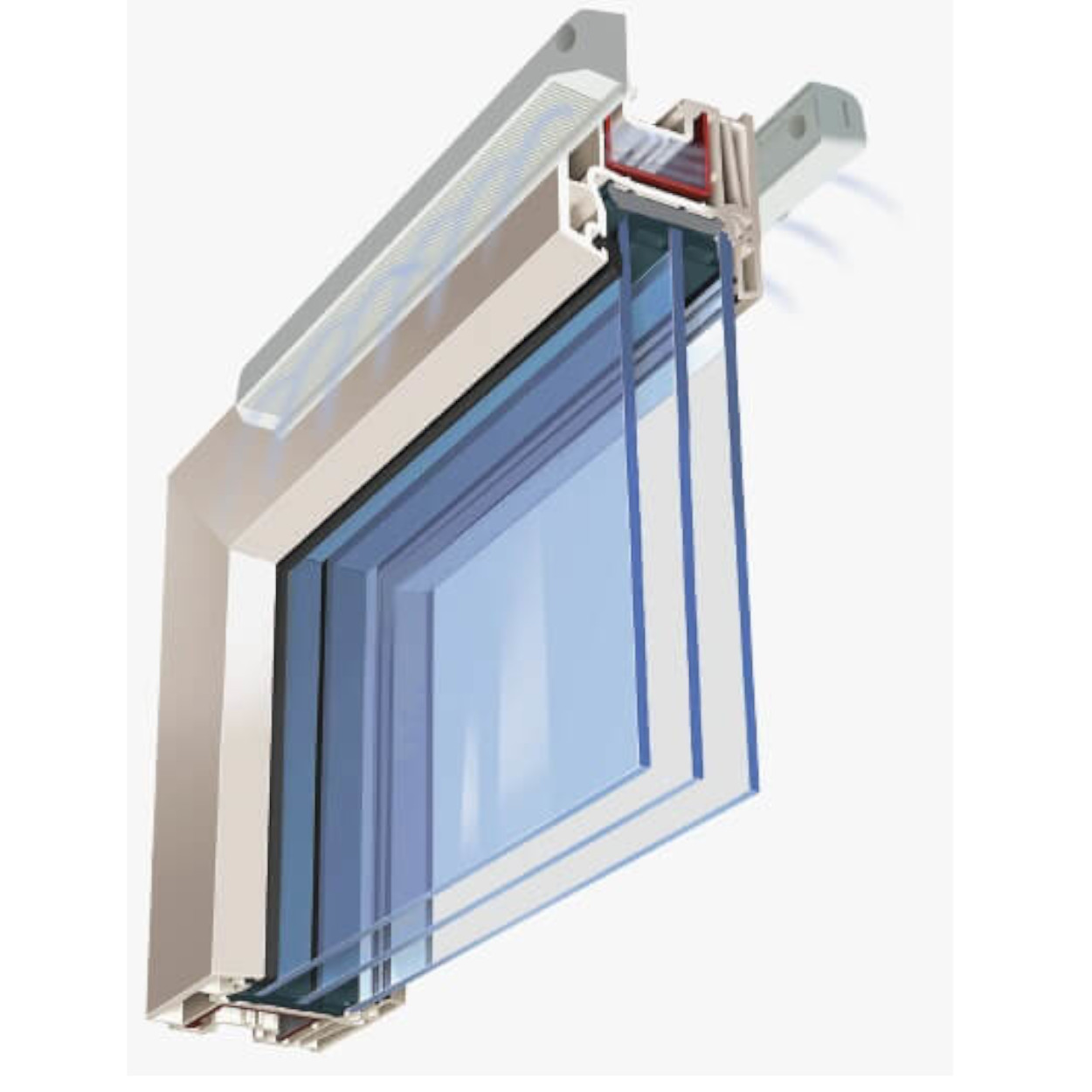 Querschnitt eines Fensters mit mehreren Glasscheiben und Rahmenkonstruktion.
