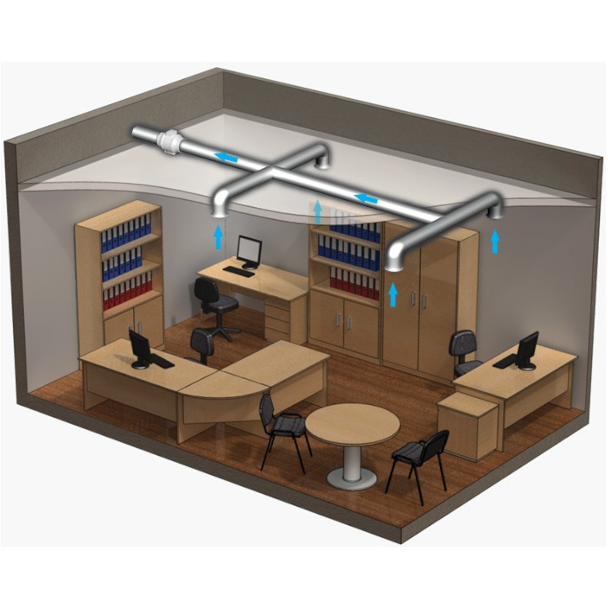 Isometrische Ansicht eines Büroraums mit Schreibtischen, Computern und einem Lüftungssystem.
