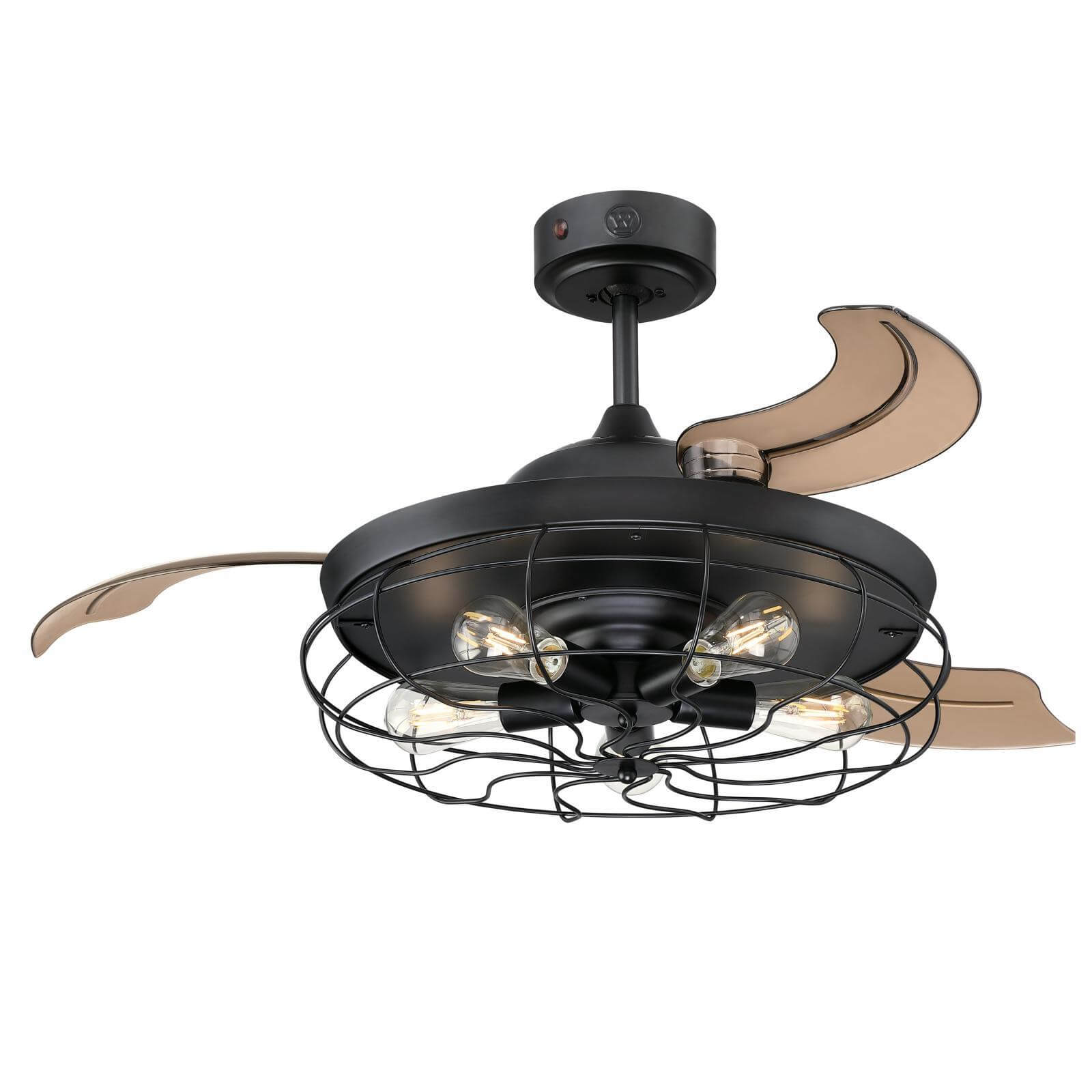 Schwarzer Deckenventilator mit Lichtern. Vier Lichter in einem Käfig. Drei hellbraune Lüfterflügel. Schwarze Halterung.