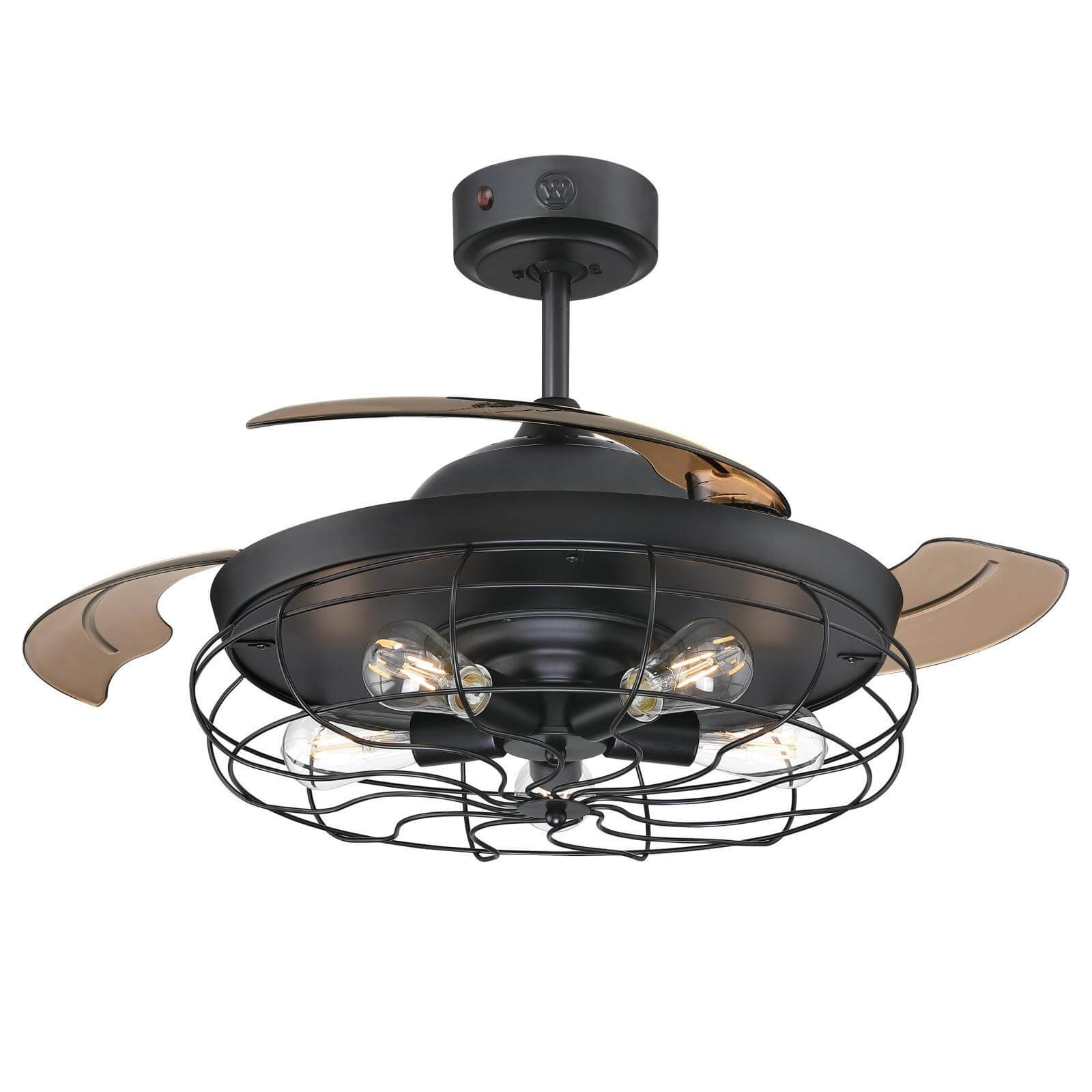 Schwarzer Deckenventilator mit Glühbirnen in einem Käfig und braunen Flügeln.