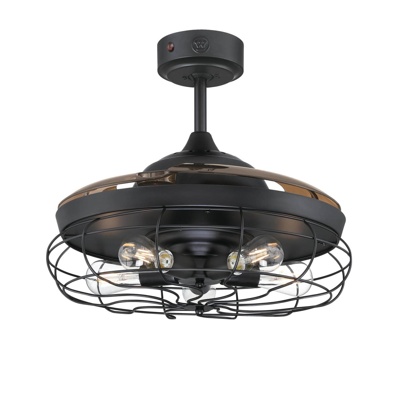 Schwarzer Deckenventilator mit Lichtern. Der Ventilator hat ein käfigartiges Design um die Glühbirnen herum.