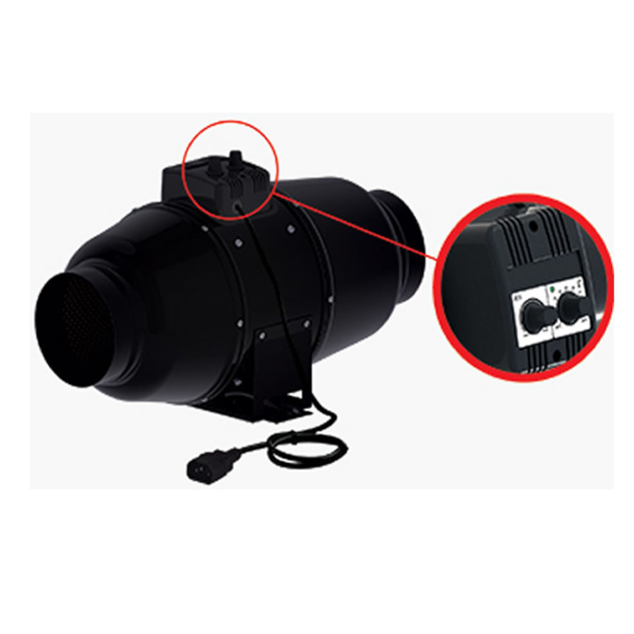 Ein schwarzer Ventilator mit Bedienelementen, die mit einem roten Kreis hervorgehoben sind.