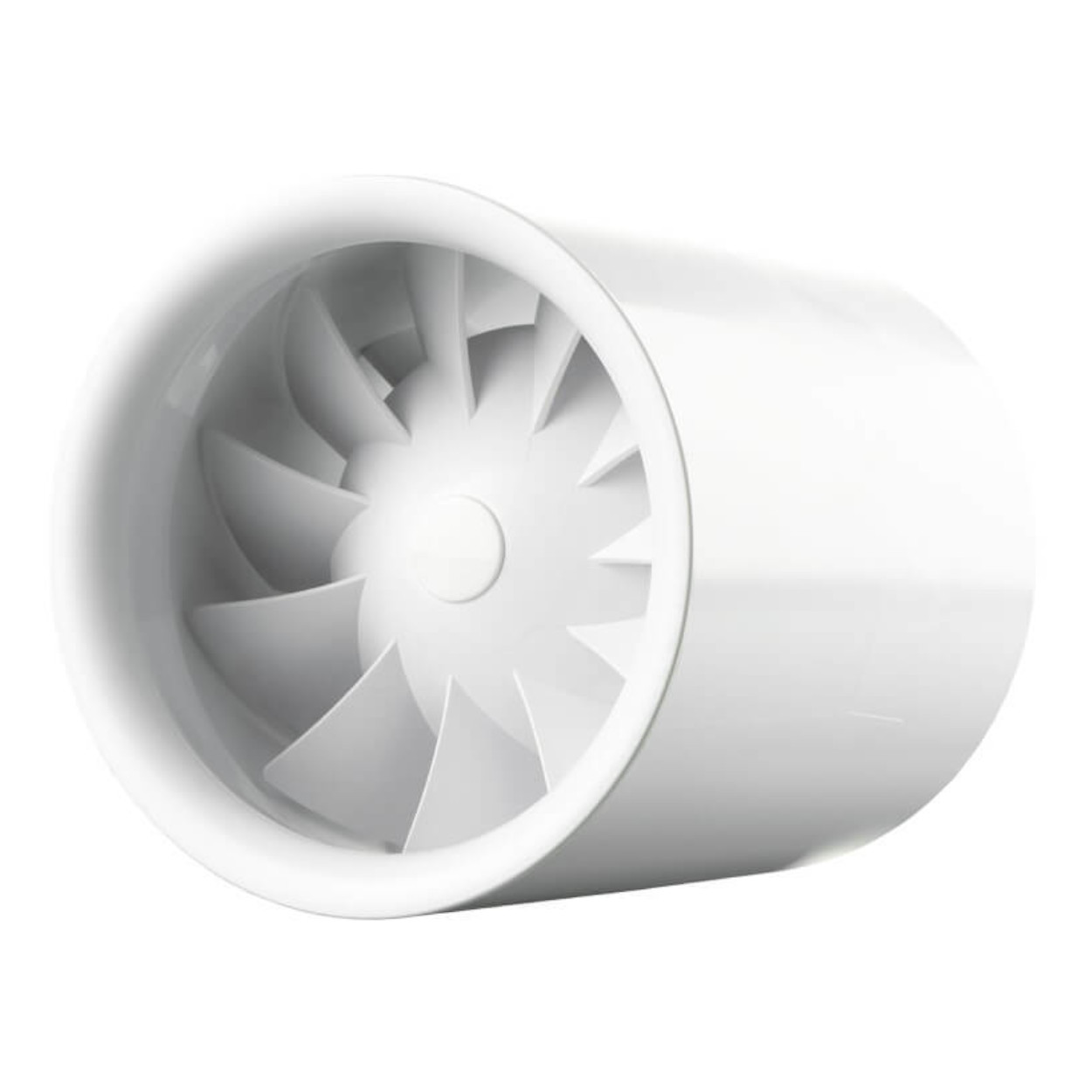 Ventilatore cilindrico bianco con pale interne. Il ventilatore è su sfondo bianco.