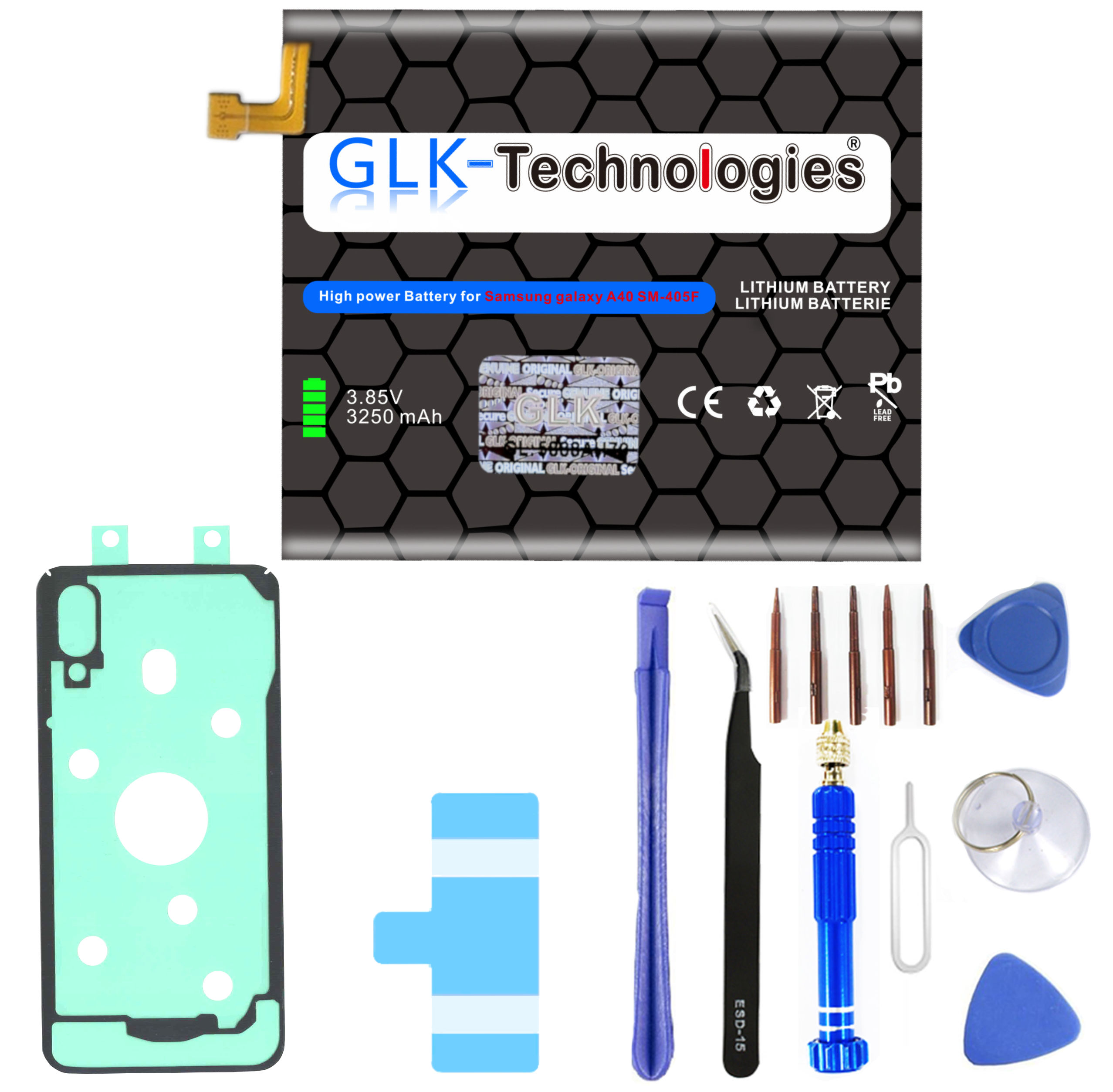 GLK-TECHNOLOGIES Akku für Samsung Galaxy EB-BA405ABE Smartphone | Akku Akku | (A405F) 3250mAh inkl. Werkzeug Lithium-Ionen-Akku | Ersatz | Battery PROFI A40