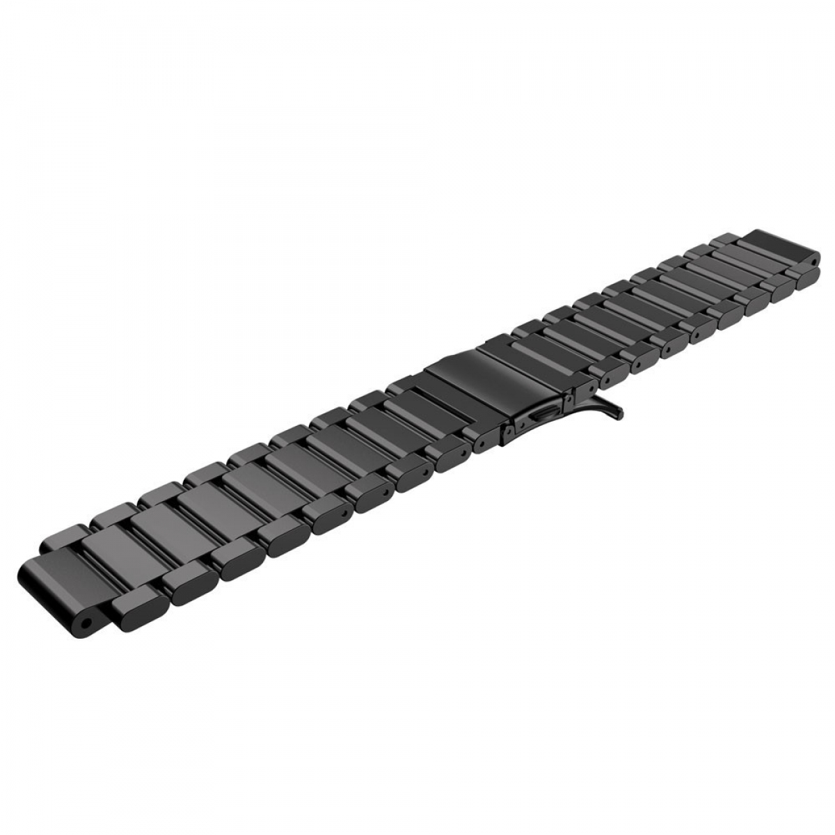 Ein schwarzes Uhrenarmband aus Metallgliedern mit Verschluss auf weißem Hintergrund.