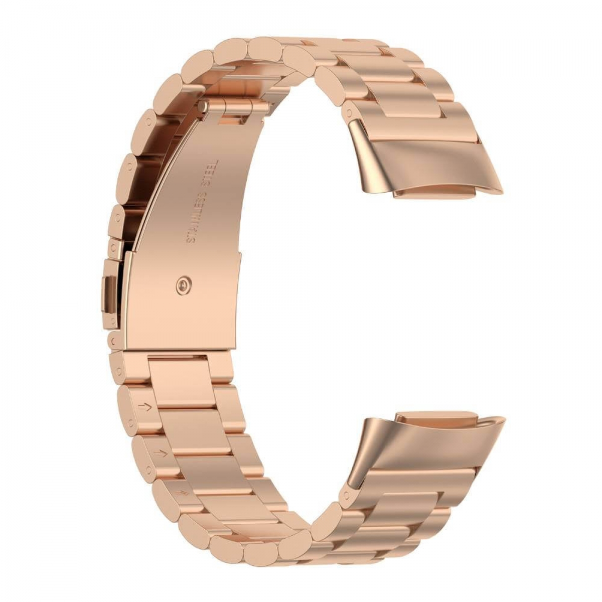 Roségoldenes Edelstahl-Uhrenarmband, gebogene Form, an einem Ende offen.