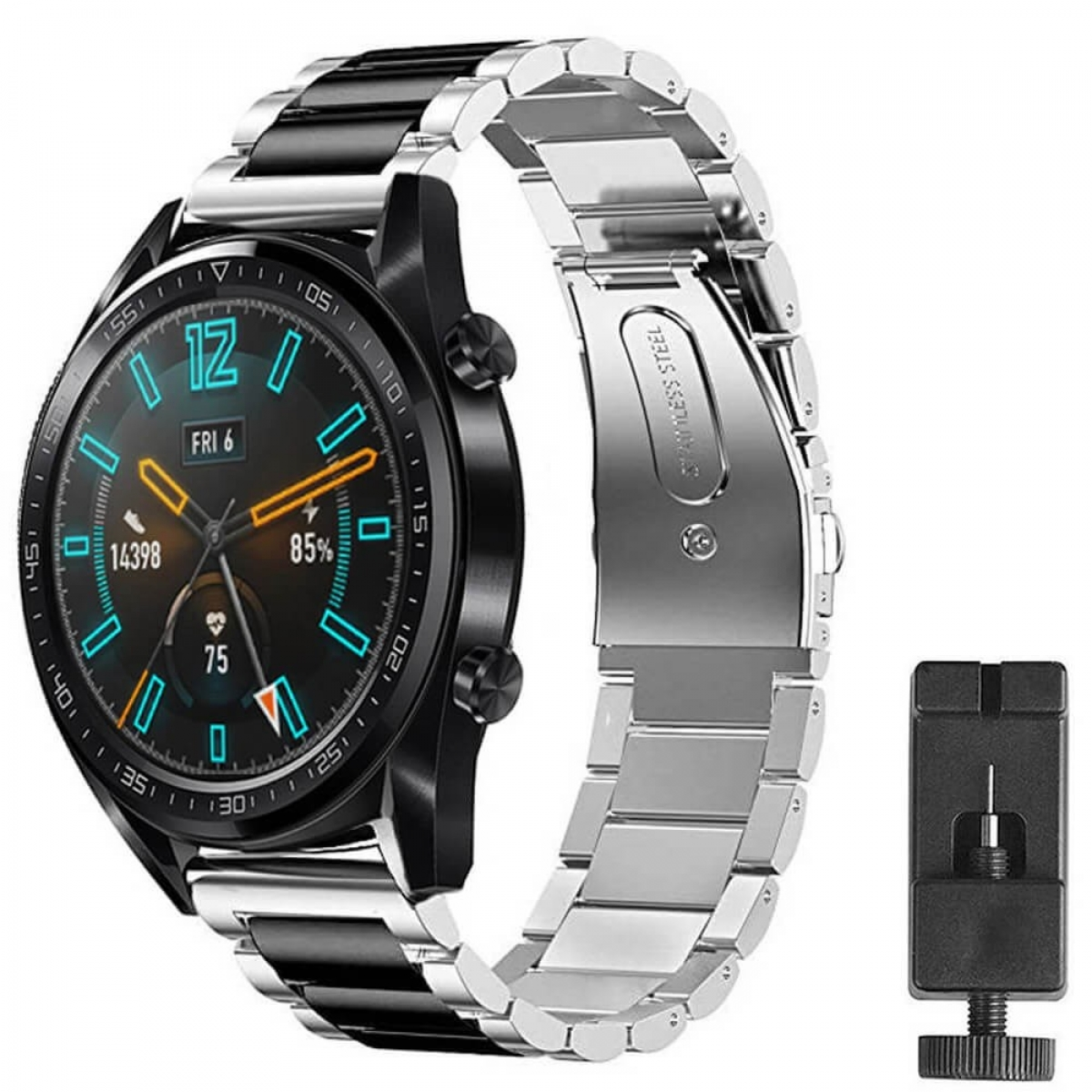 Silber-schwarze Smartwatch mit silbernem Armband. Weißer Hintergrund.
