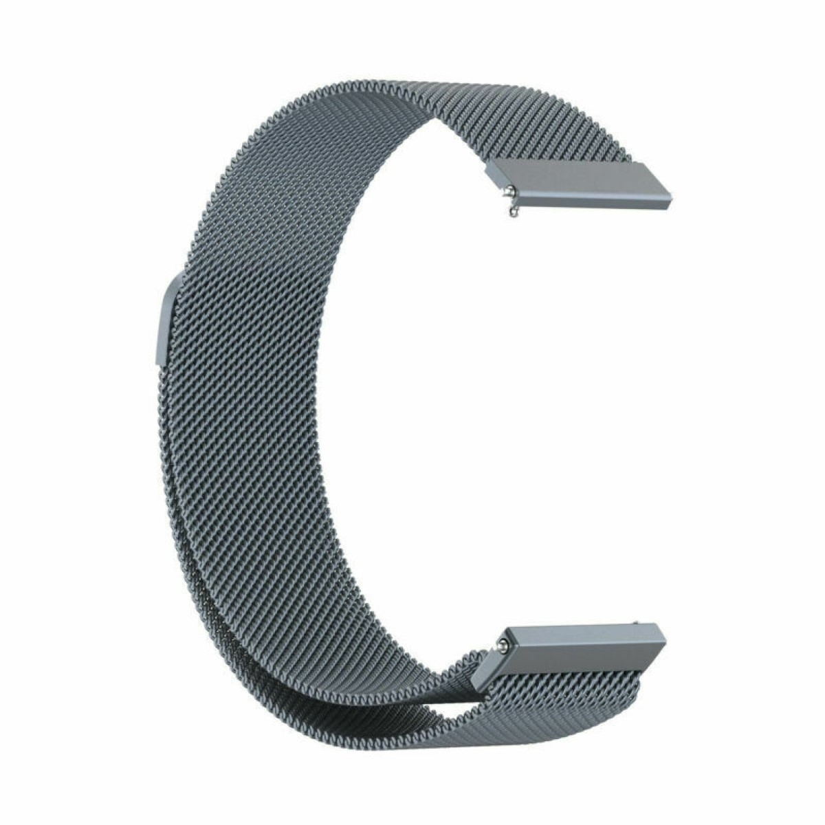 Ein silbernes Metall-Uhrenarmband in C-Form. Der Hintergrund ist weiß.