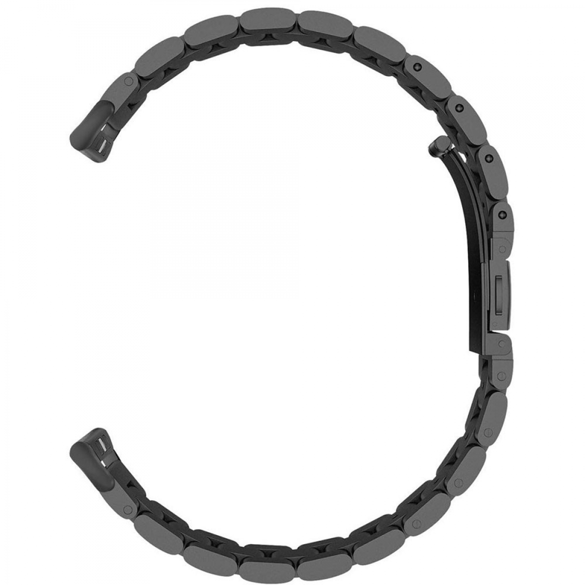 Ein gebogenes, graues Metall-Uhrenarmband, offen und unbefestigt.