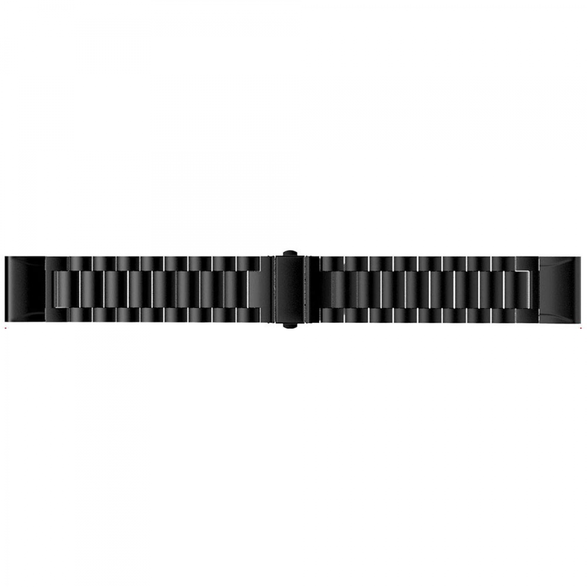Schwarzes Uhrenarmband auf weißem Hintergrund. Es ist gerade und zentriert.