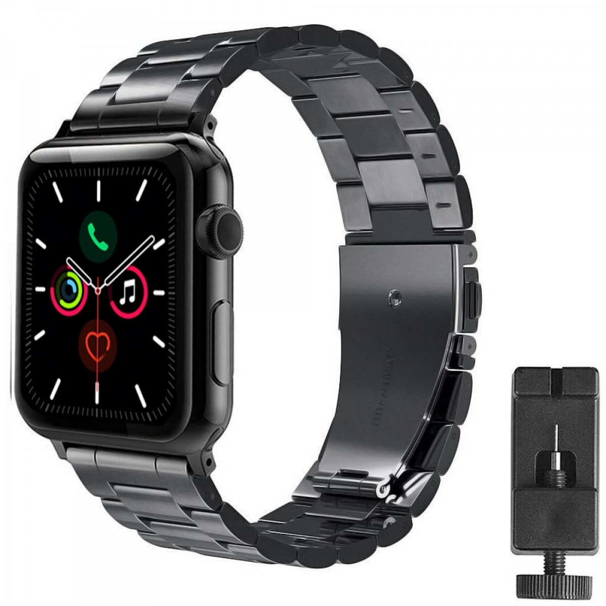 Schwarze Apple Watch mit schwarzem Armband und Werkzeug zur Einstellung.