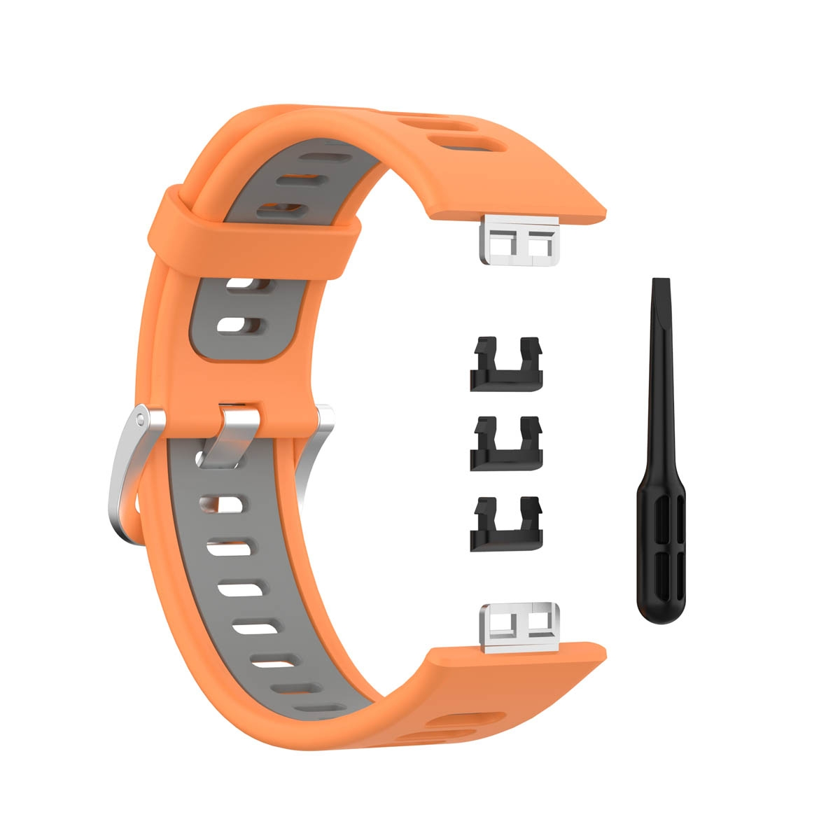 Oranges und graues Uhrenarmband mit Zubehör: 3 schwarze Verschlüsse und ein schwarzes Werkzeug.