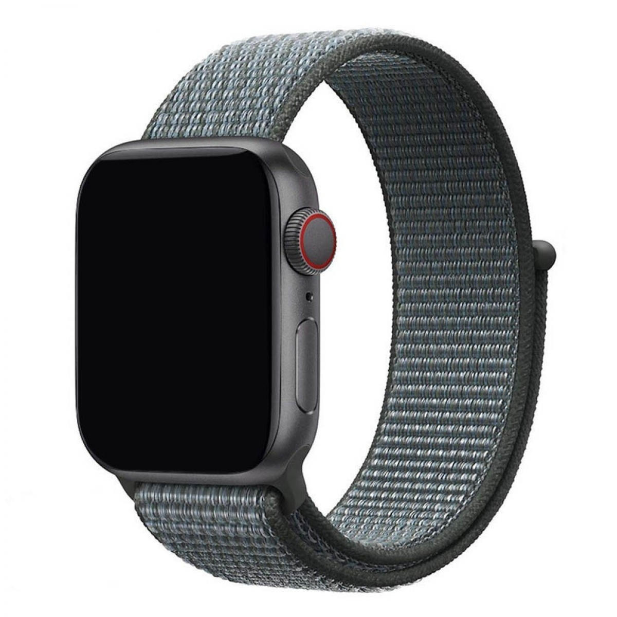 Schwarze Apple Watch mit grauem Armband. Weißer Hintergrund.