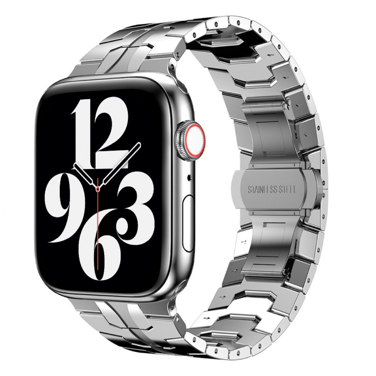 Eine silberne Smartwatch mit einem silbernen Metallarmband. Das Zifferblatt ist dunkel und zeigt Zahlen.