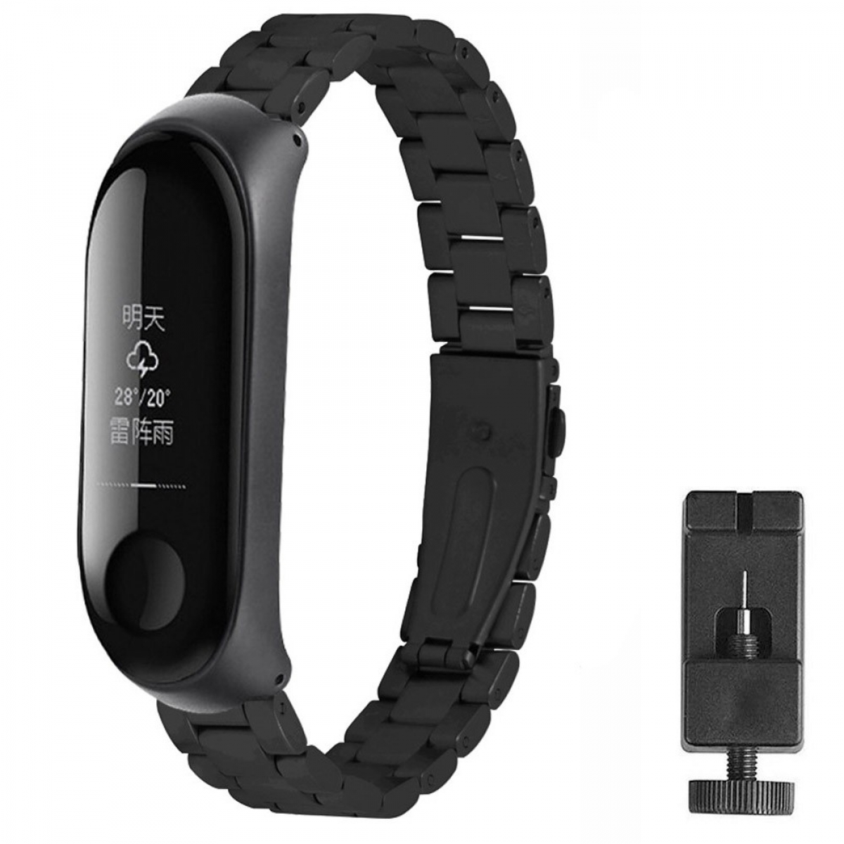 Schwarze Smartwatch mit Wetterinfo und ein Metallband mit Werkzeug.