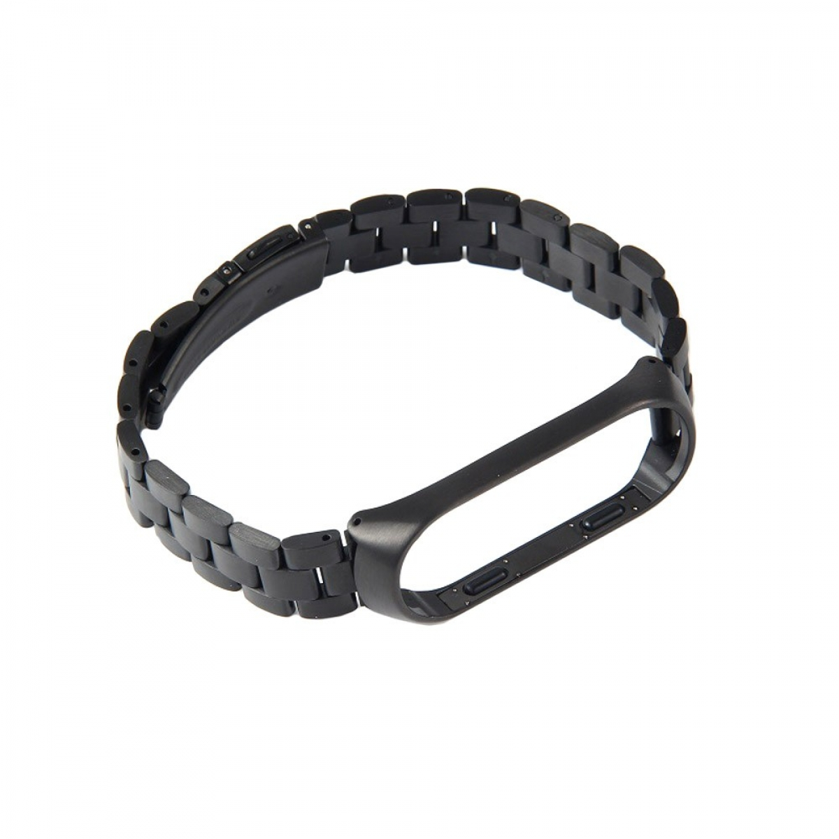 Schwarzes Uhrenarmband, eine Kette aus kleinen rechteckigen Gliedern, ist vor weißem Hintergrund isoliert.