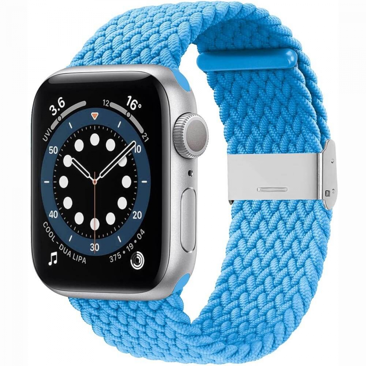 Eine silberne Smartwatch mit blauem geflochtenem Armband. Das Zifferblatt zeigt die Uhrzeit und eine Musiknote.