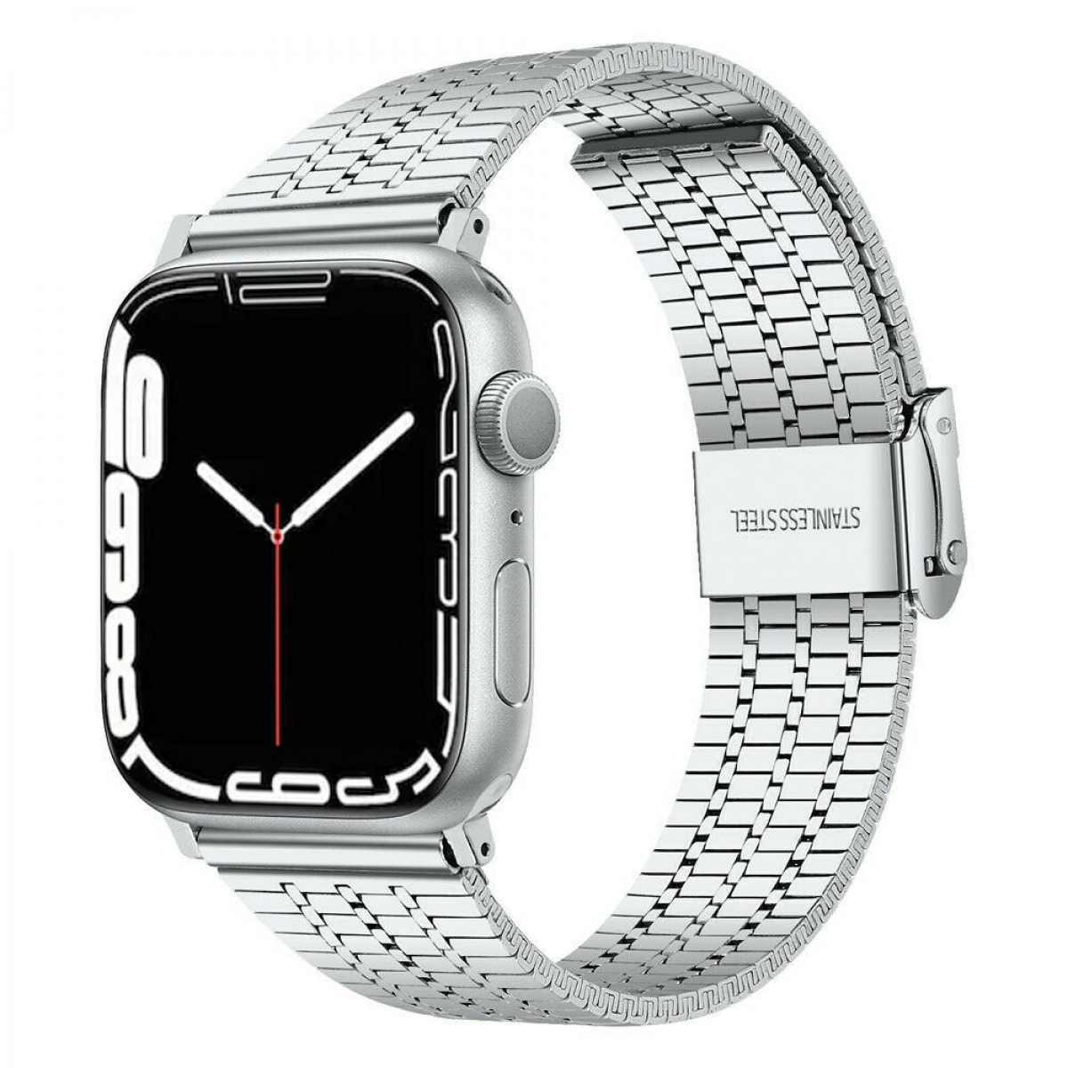 Silberne Smartwatch mit silbernem Metallarmband. Zifferblatt schwarz mit weißen Zeigern.