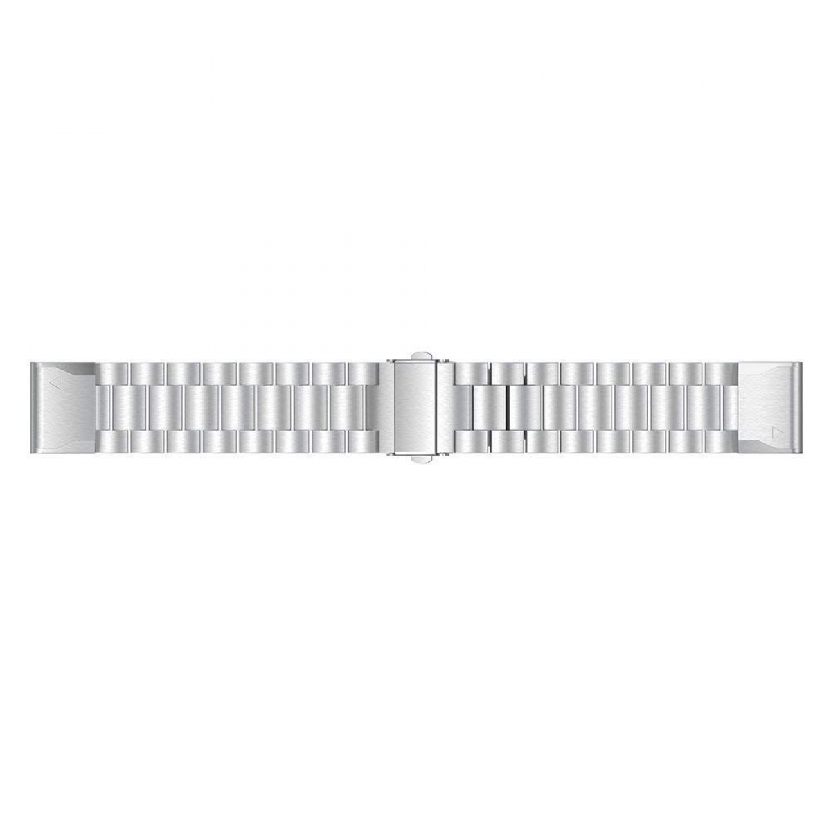 Ein silbernes Uhrenarmband mit Faltschließe. Das Armband besteht aus zahlreichen rechteckigen Gliedern.
