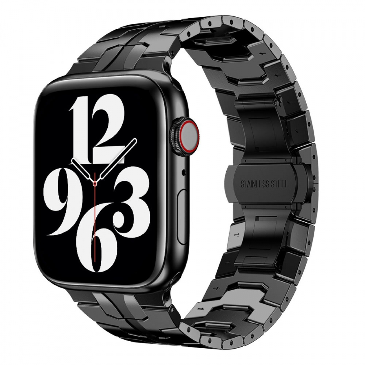Schwarze Smartwatch mit schwarzem Metallarmband. Die Uhr zeigt Zahlen an.