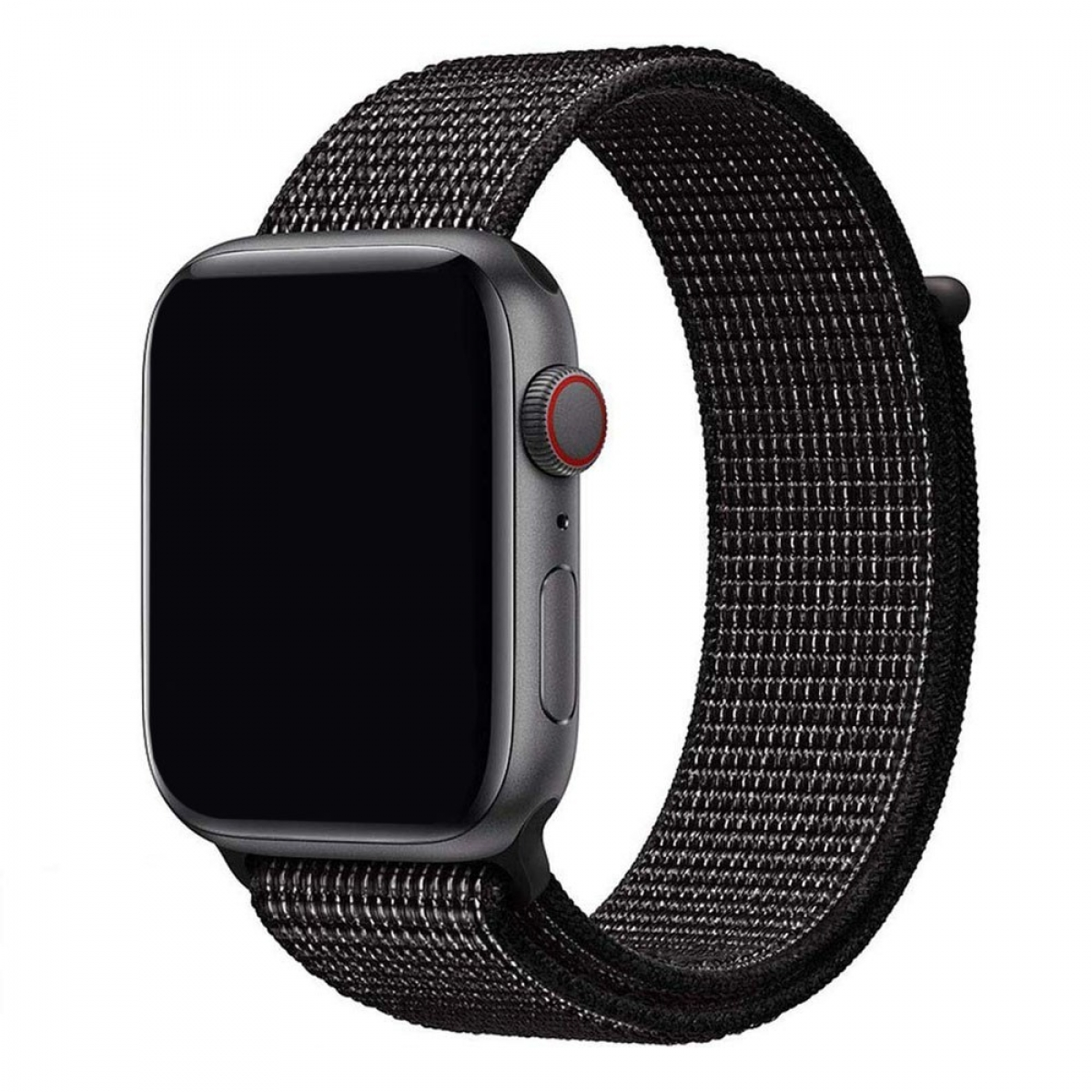 Schwarze Apple Watch mit schwarzem gewebtem Armband. Die Uhr zeigt einen schwarzen Bildschirm.