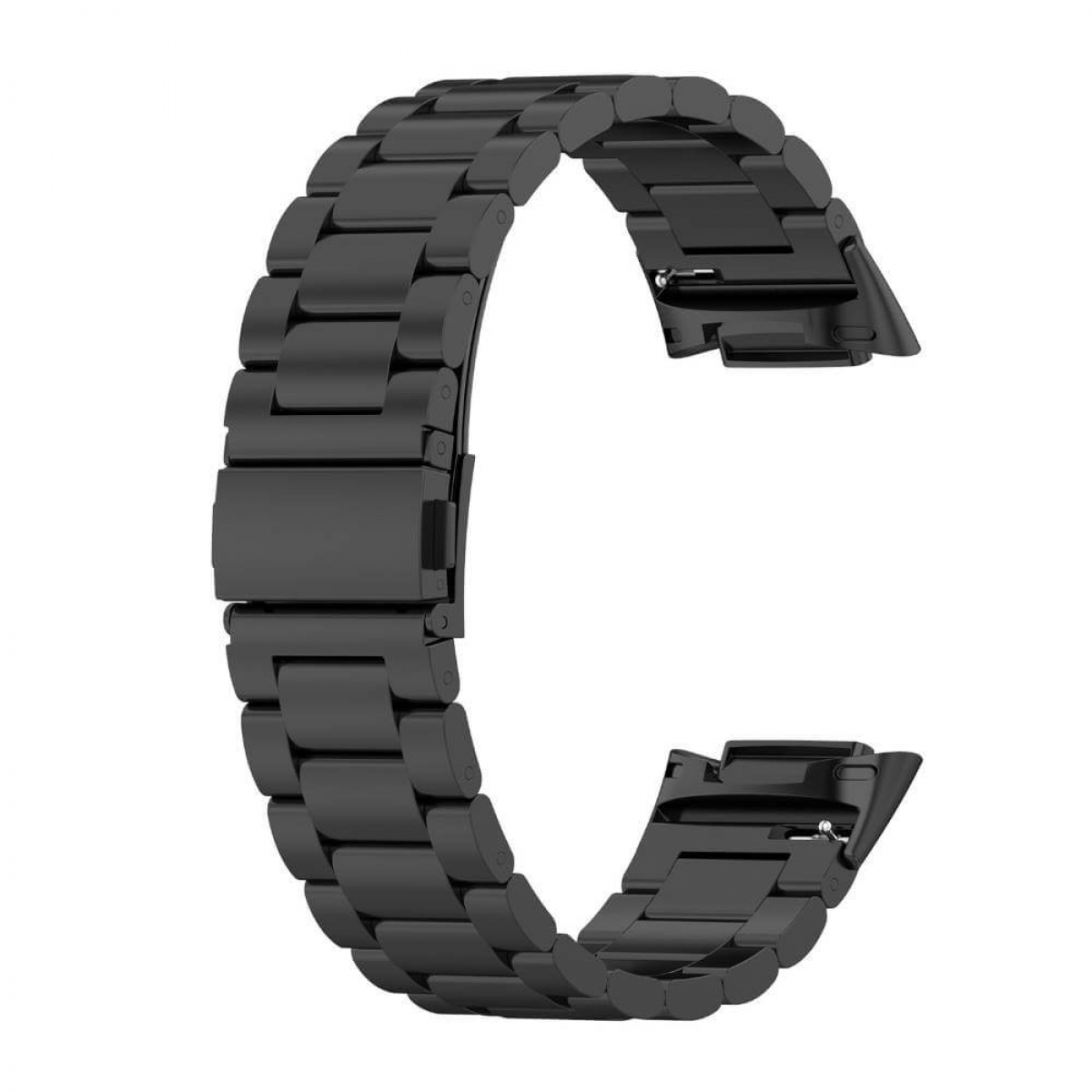 Schwarzes Uhrenarmband. Es besteht aus Metallgliedern mit einem Verschluss in der Mitte, gebogene Form.