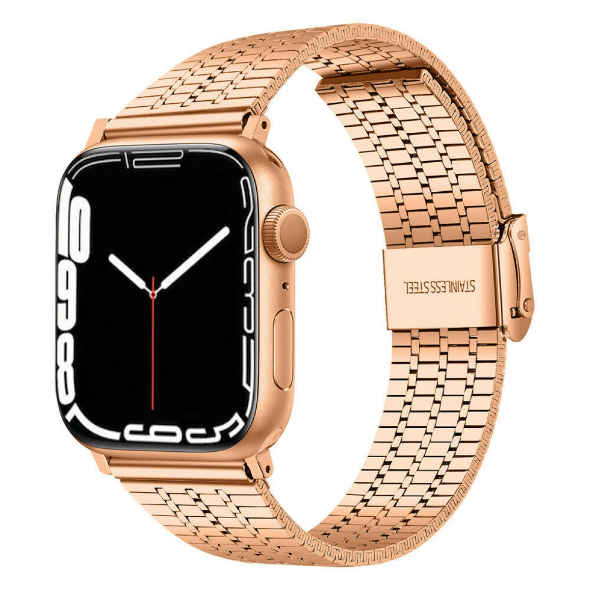 Eine roségoldene Apple Watch mit passendem Armband. Die Uhr zeigt die Zeit an.