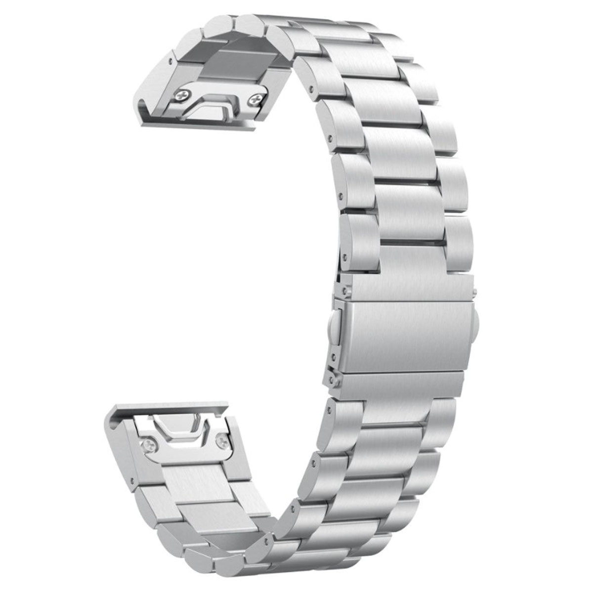 Ein metallenes Armband. Es ist silberfarben und hat einen Verschluss.
