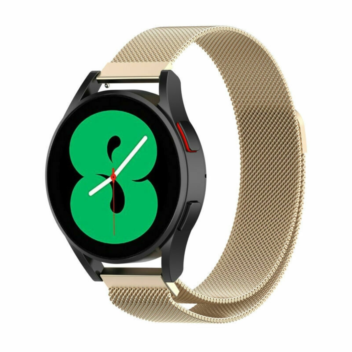 Schwarze Smartwatch mit goldenem Mesh-Armband, zeigt eine digitale Zeitoberfläche.