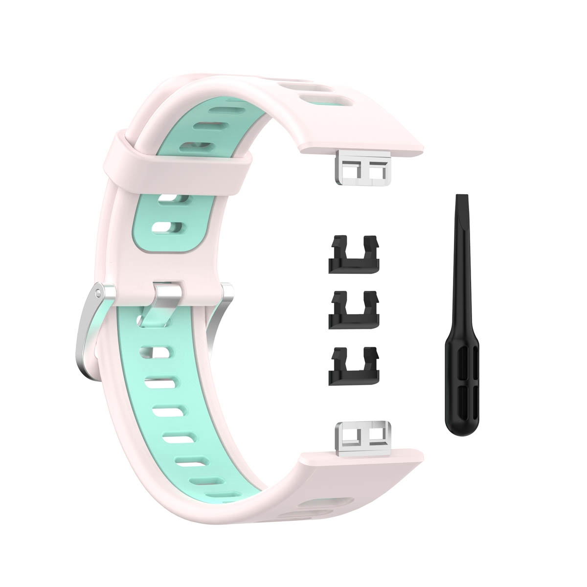 Rosa-mintgrünes Smartwatch-Armband mit Aufsätzen und Stift zur Installation.