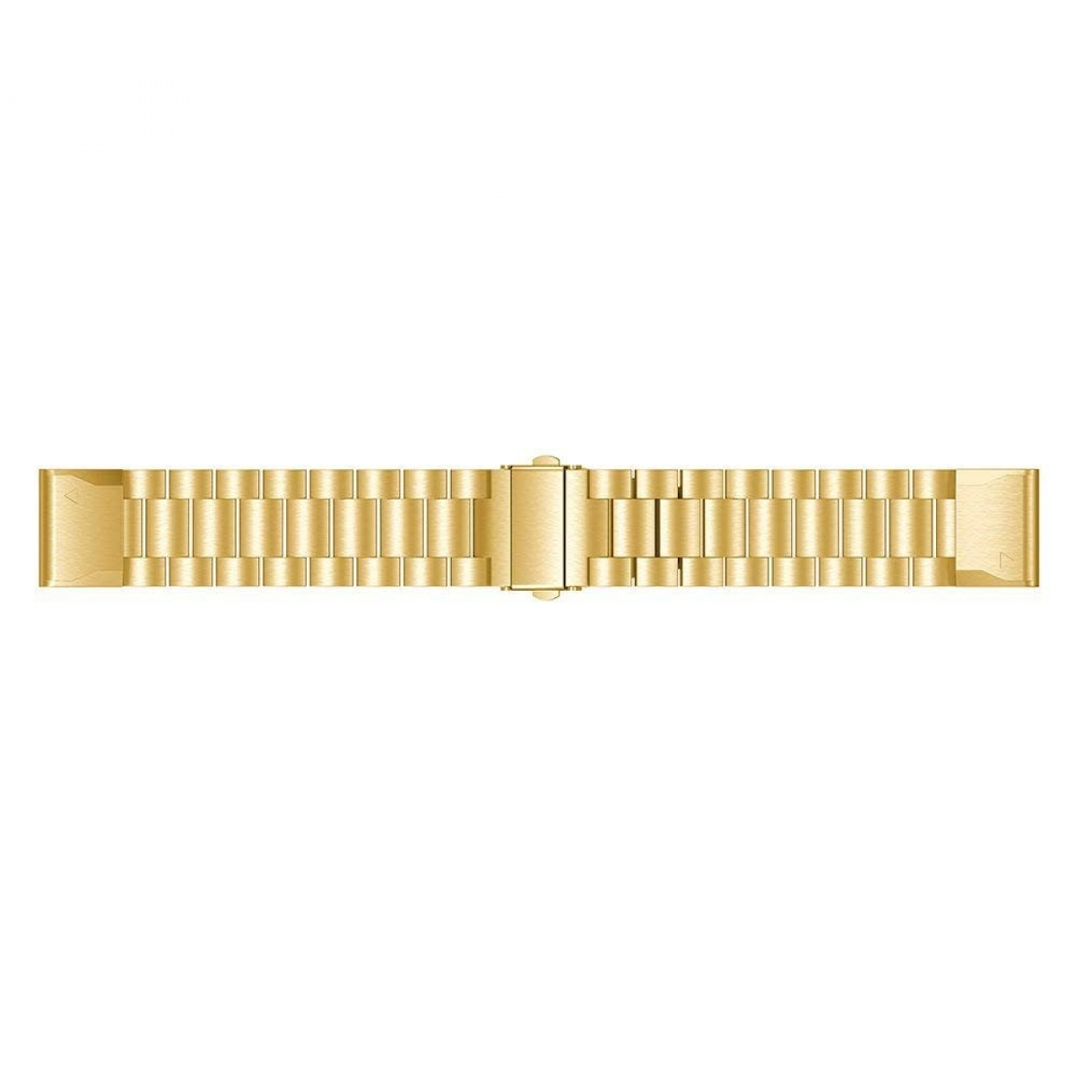 Ein goldfarbenes Uhrenarmband auf weißem Hintergrund, direkt von oben betrachtet.